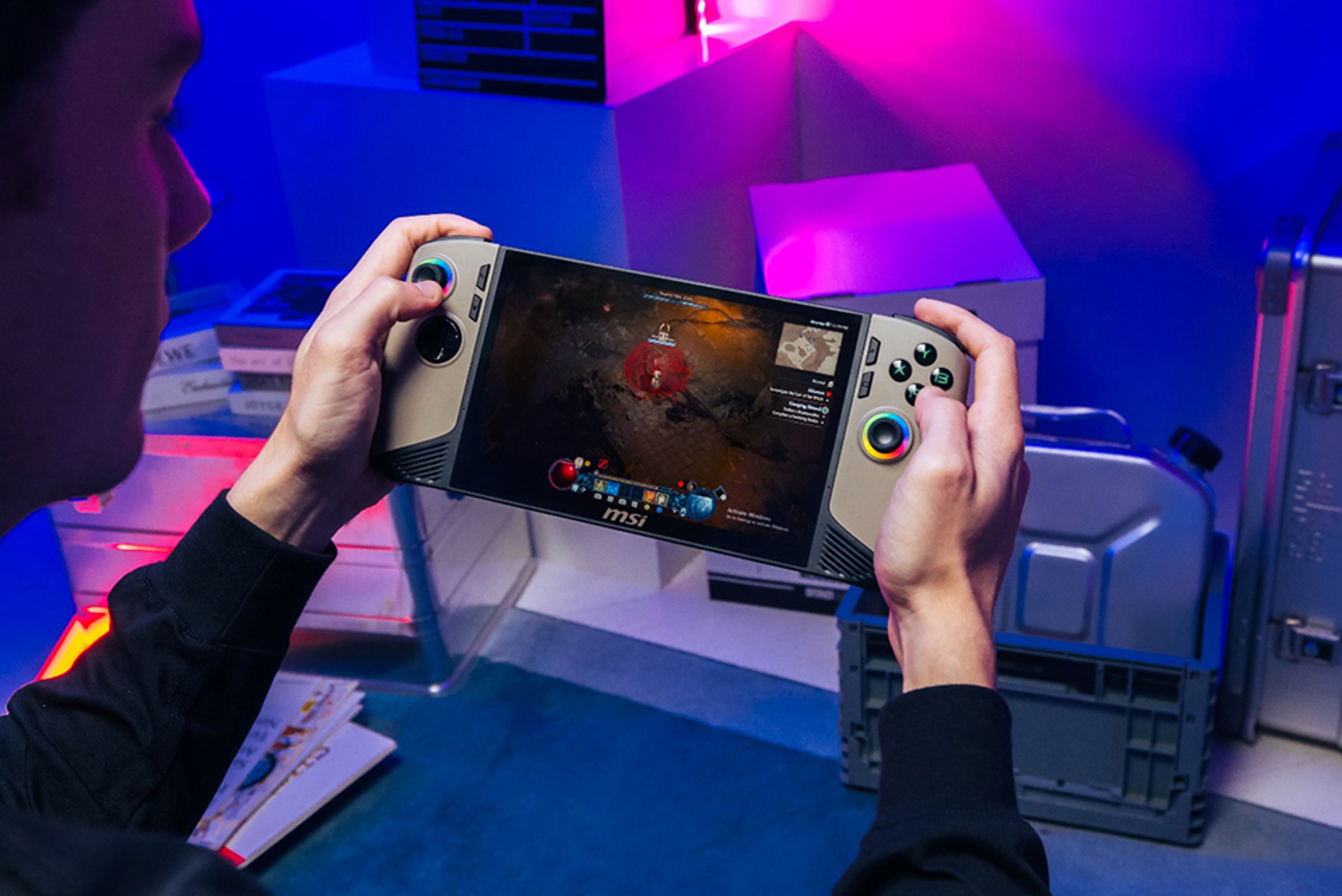 MSI Claw 8 AI+ handheld gaming PC showcasing its 8-inch 120Hz touchscreen, ergonomic design, and RGB-lit controls.