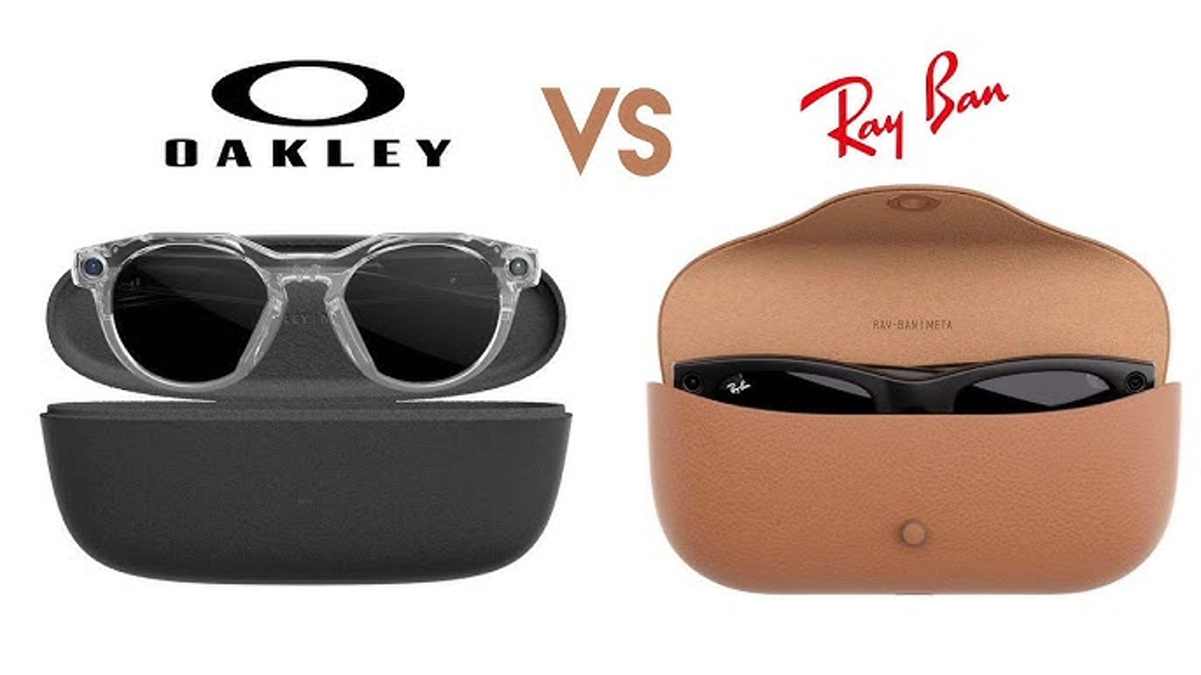 Side-by-side comparison of Meta Oakley and Ray-Ban smart glasses, highlighting design, display interface, and voice control features.