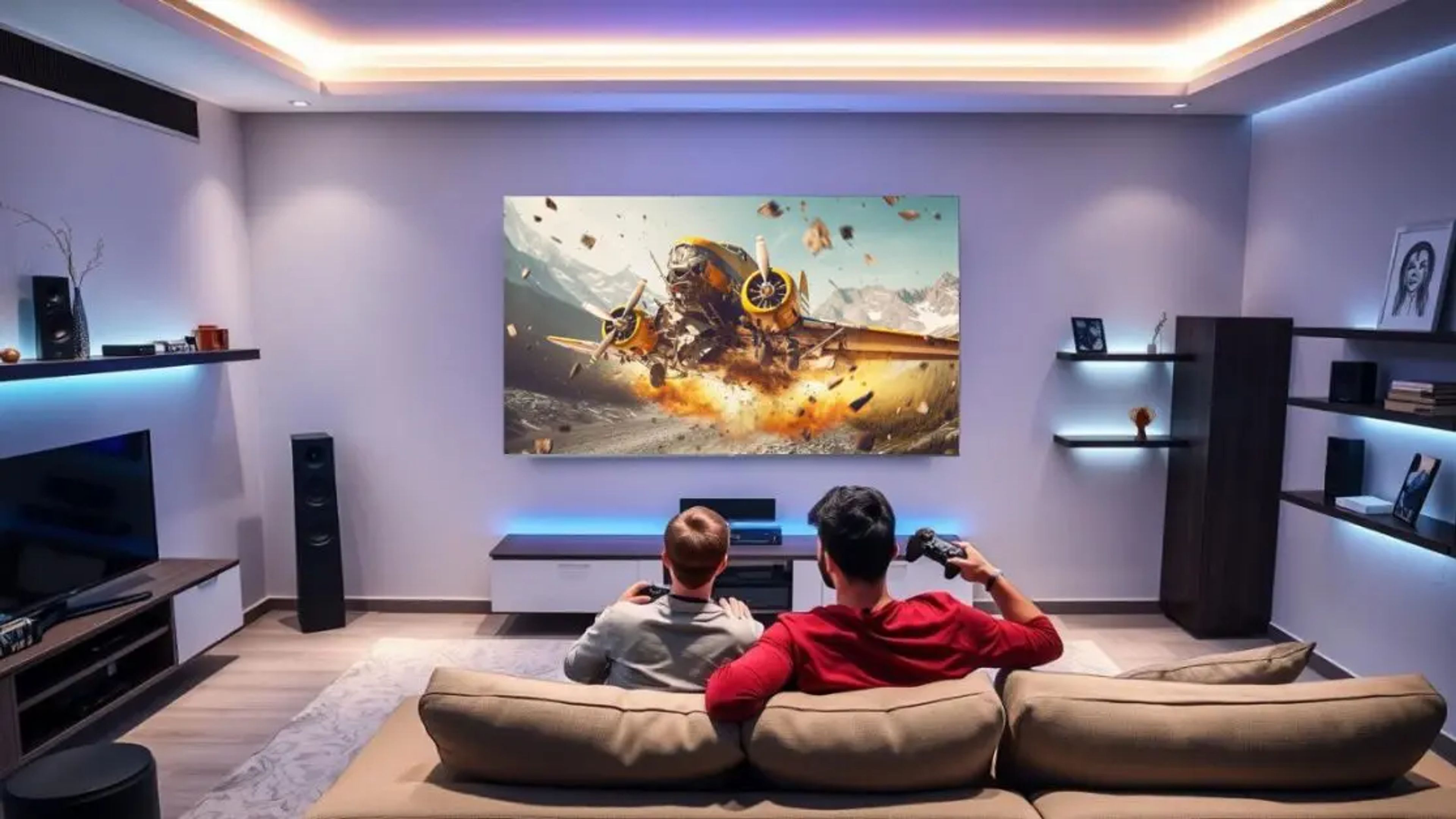 A sleek Mini-LED TV displaying vivid gaming visuals, with a controller and headset nearby—symbolizing next-gen entertainment at home and on the go.