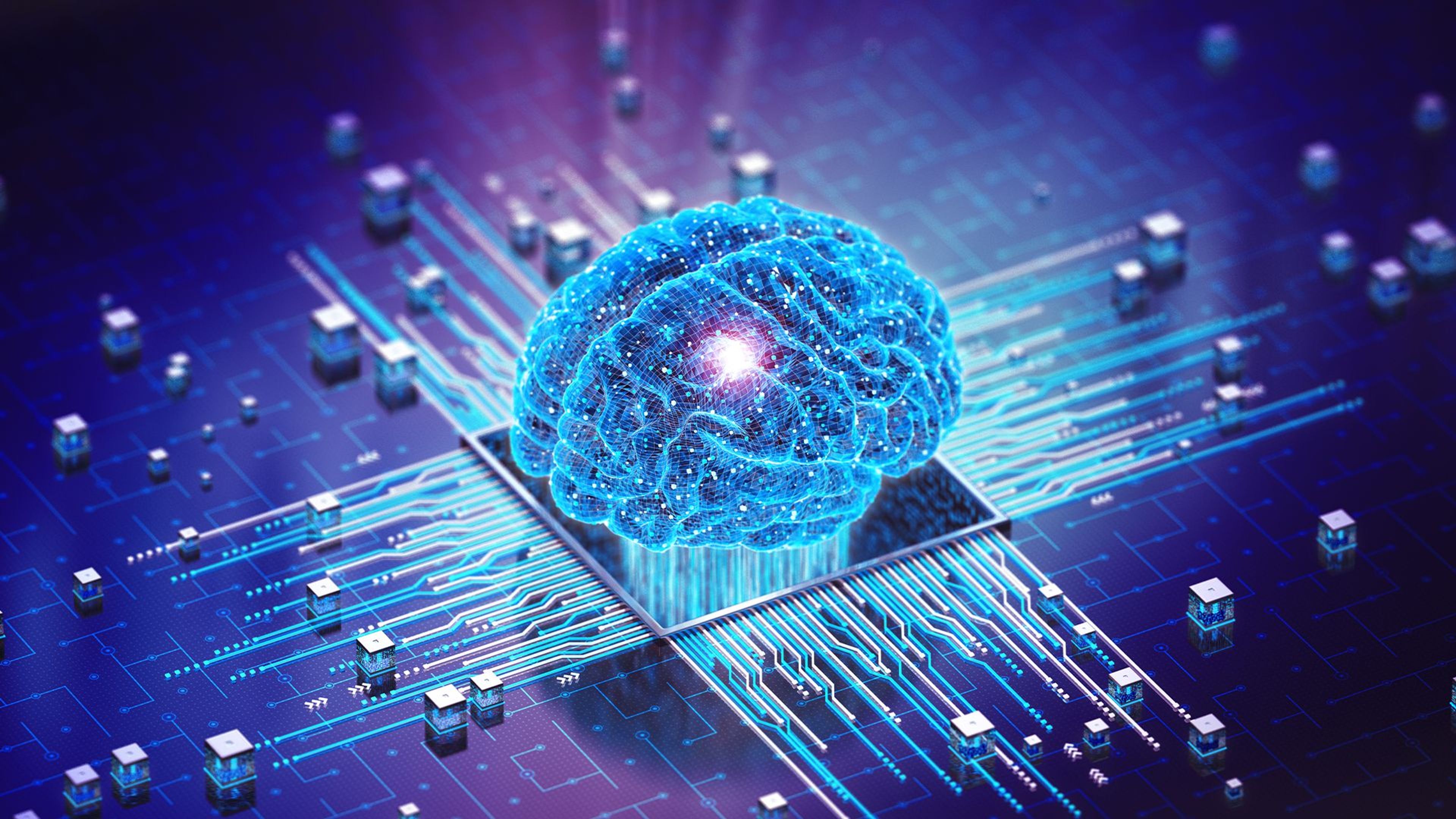 Abstract concept of artificial intelligence showing human brain and circuit patterns merging, symbolizing technology and consciousness.