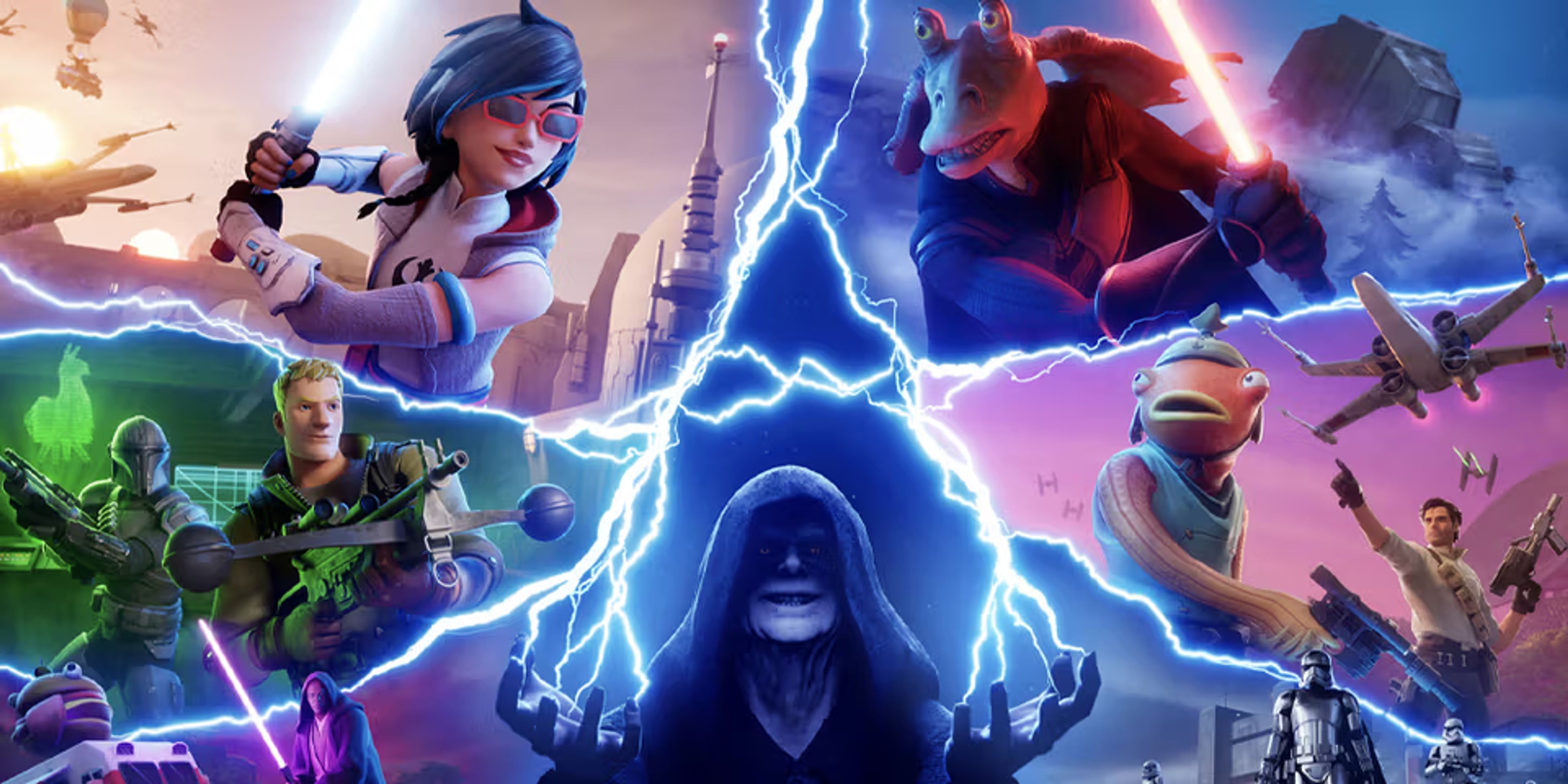 Fortnite characters wielding lightsabers and piloting TIE Fighters in a Star Wars-themed battle royale setting.