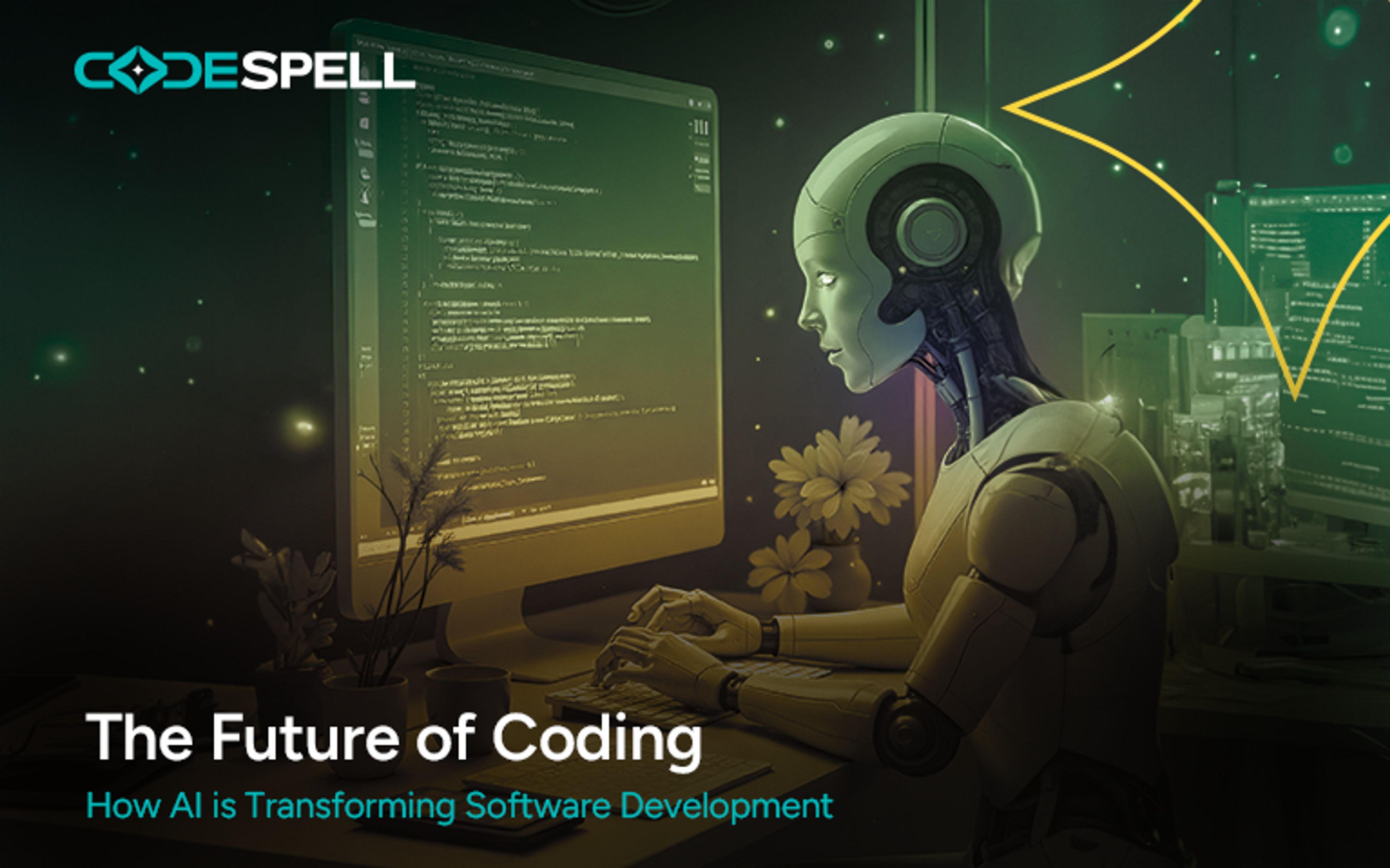 AI code review. An AI interface analyzing lines of code on a laptop screen, with startup team members collaborating in the background.