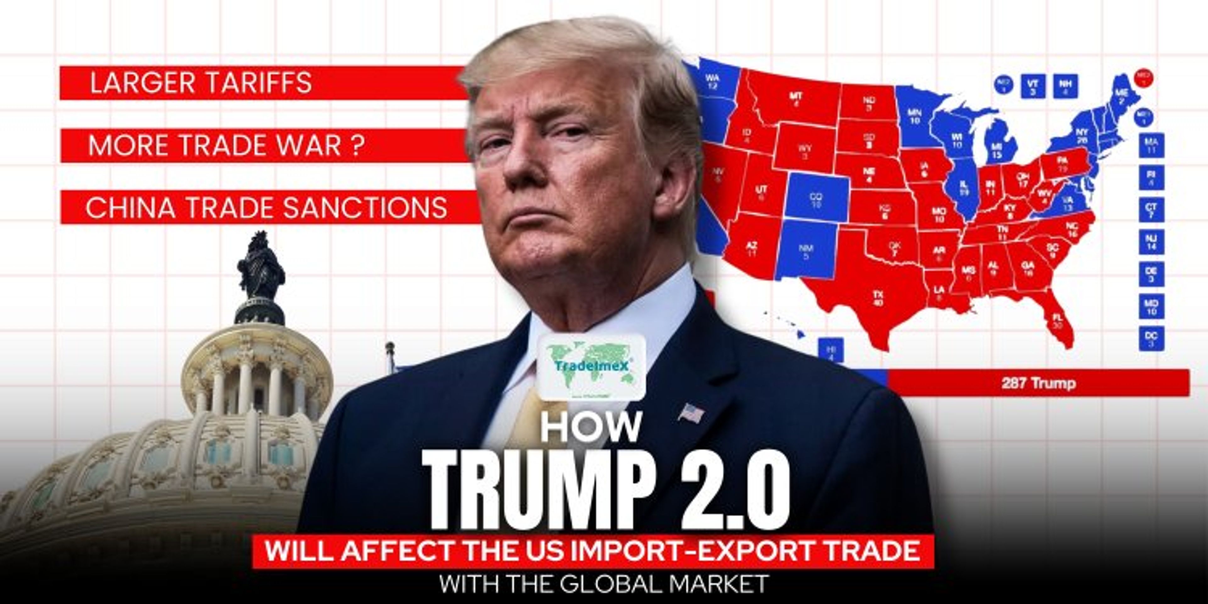 Illustration of Donald Trump overlaid on U.S. trade data charts and shipping containers, symbolizing policy-driven trade shifts.