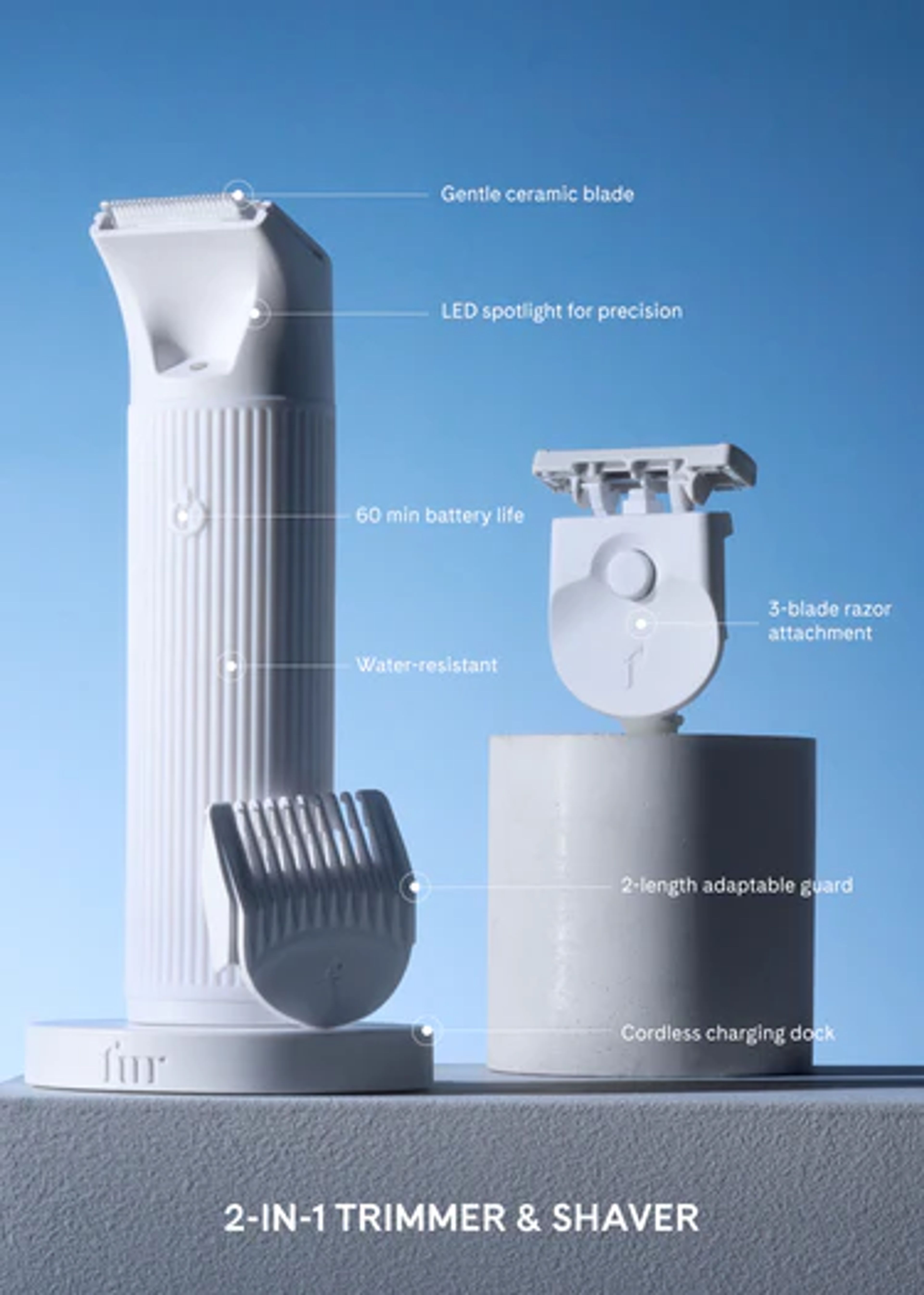 A sleek, modern grooming tool kit with attachments, positioned on a clean bathroom counter—showcasing the design and functionality of the Fur Trim System.