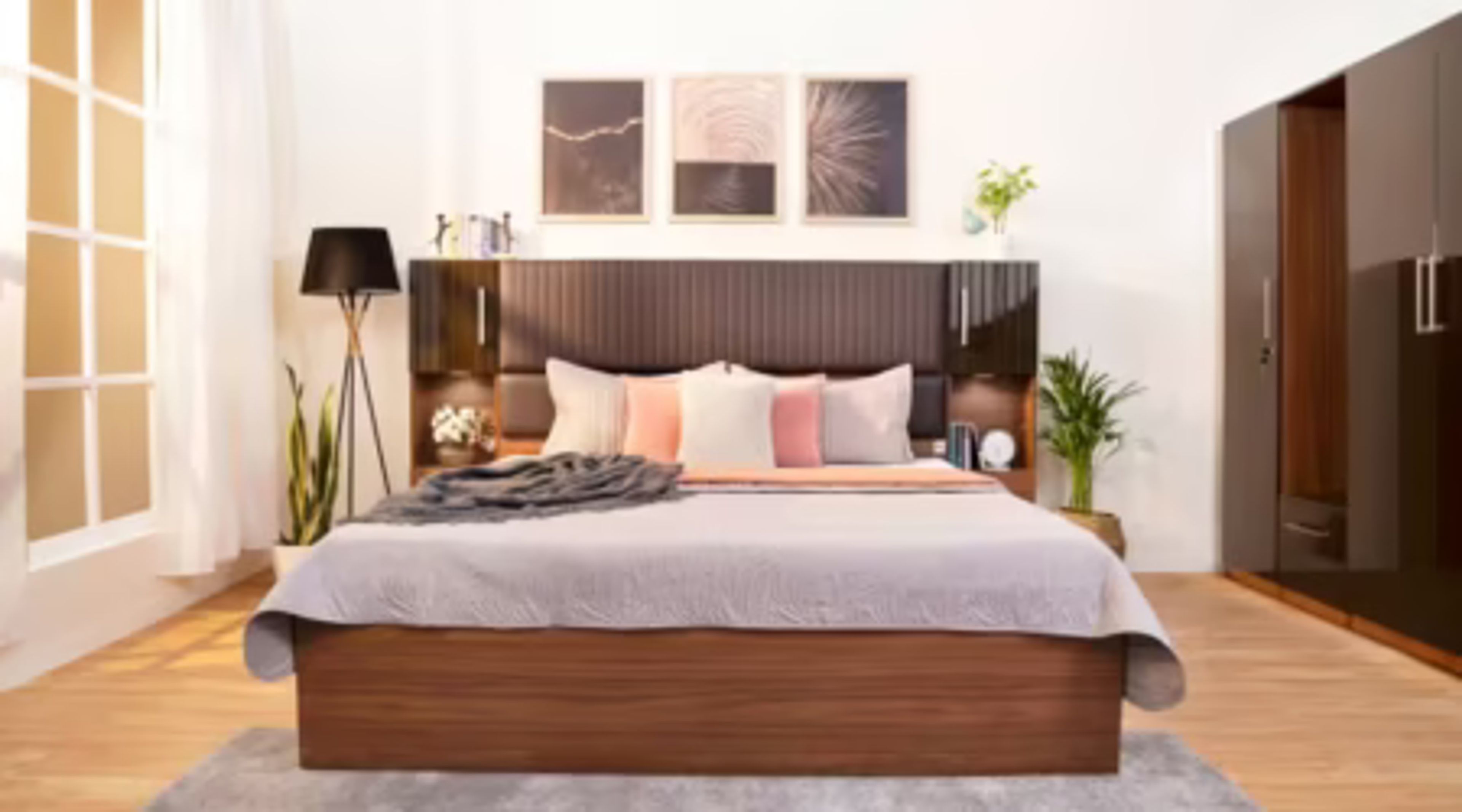A cozy bedroom setup featuring a neatly made bed with layered mattresses labeled memory foam, hybrid, and innerspring, symbolizing mattress variety.