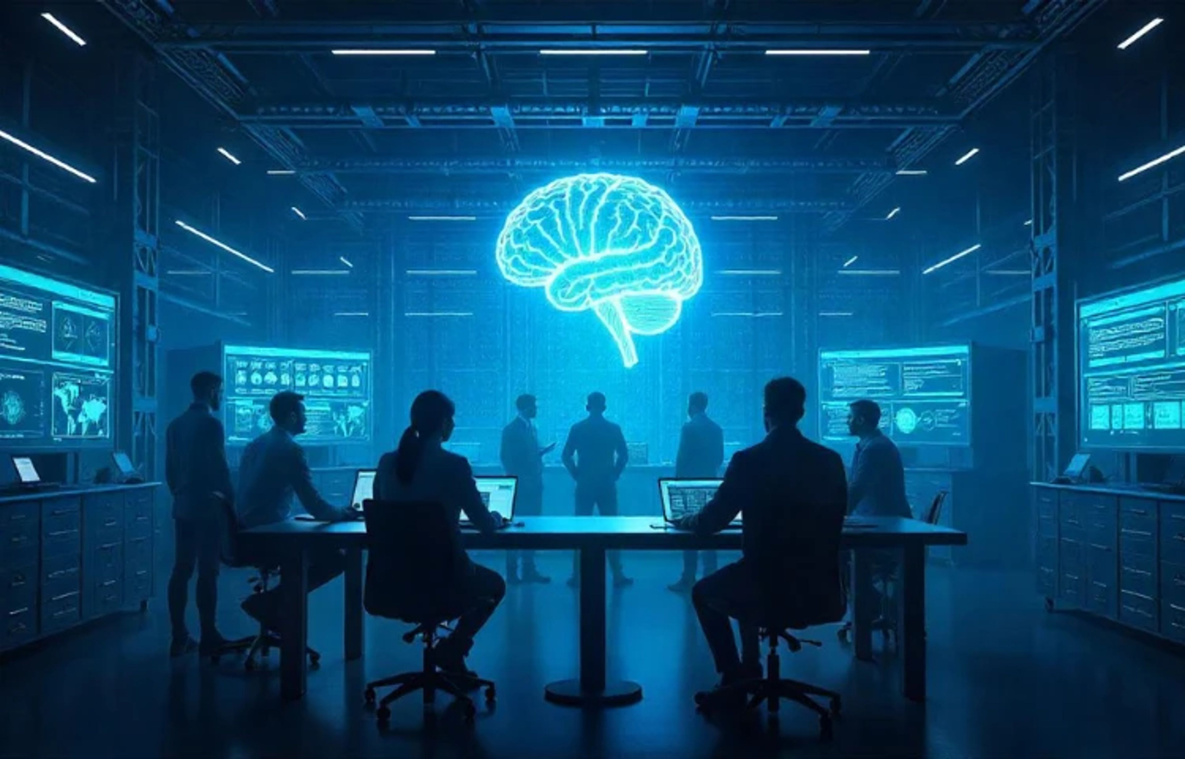 A stylized AI brain glowing with neural networks, overlaid on Meta’s logo, representing the company’s drive toward building superintelligence.