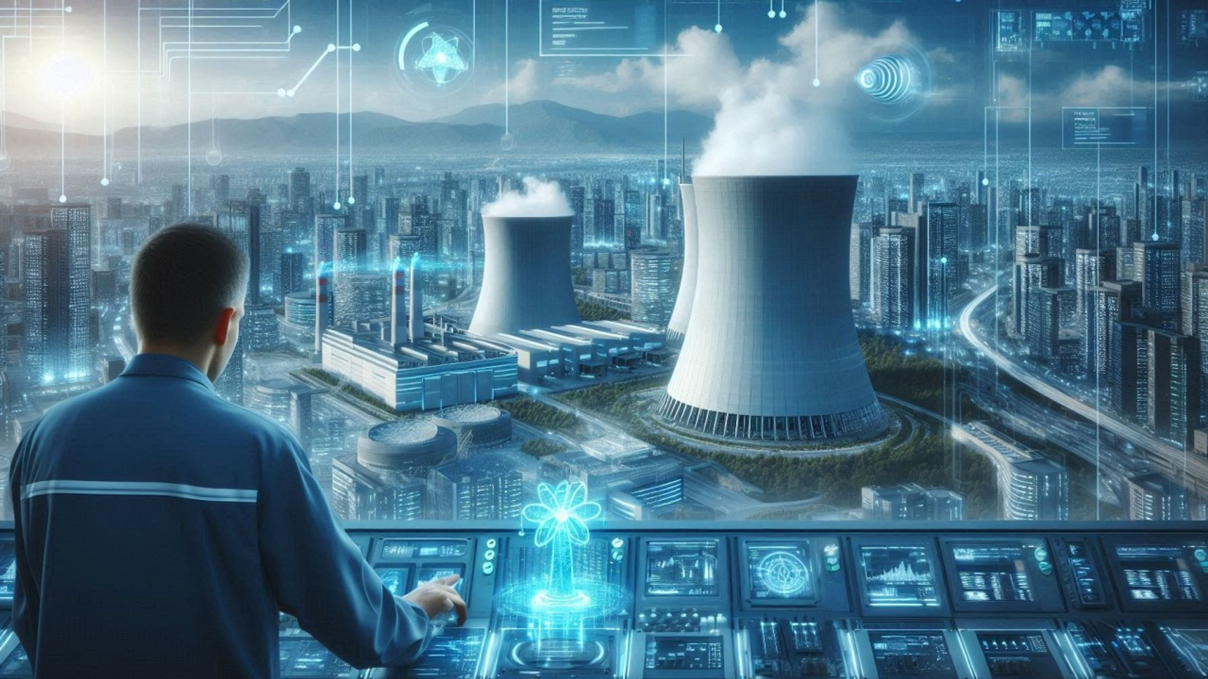 A modern nuclear power plant with cooling towers emitting steam, symbolizing the resurgence of nuclear energy in tech industries.