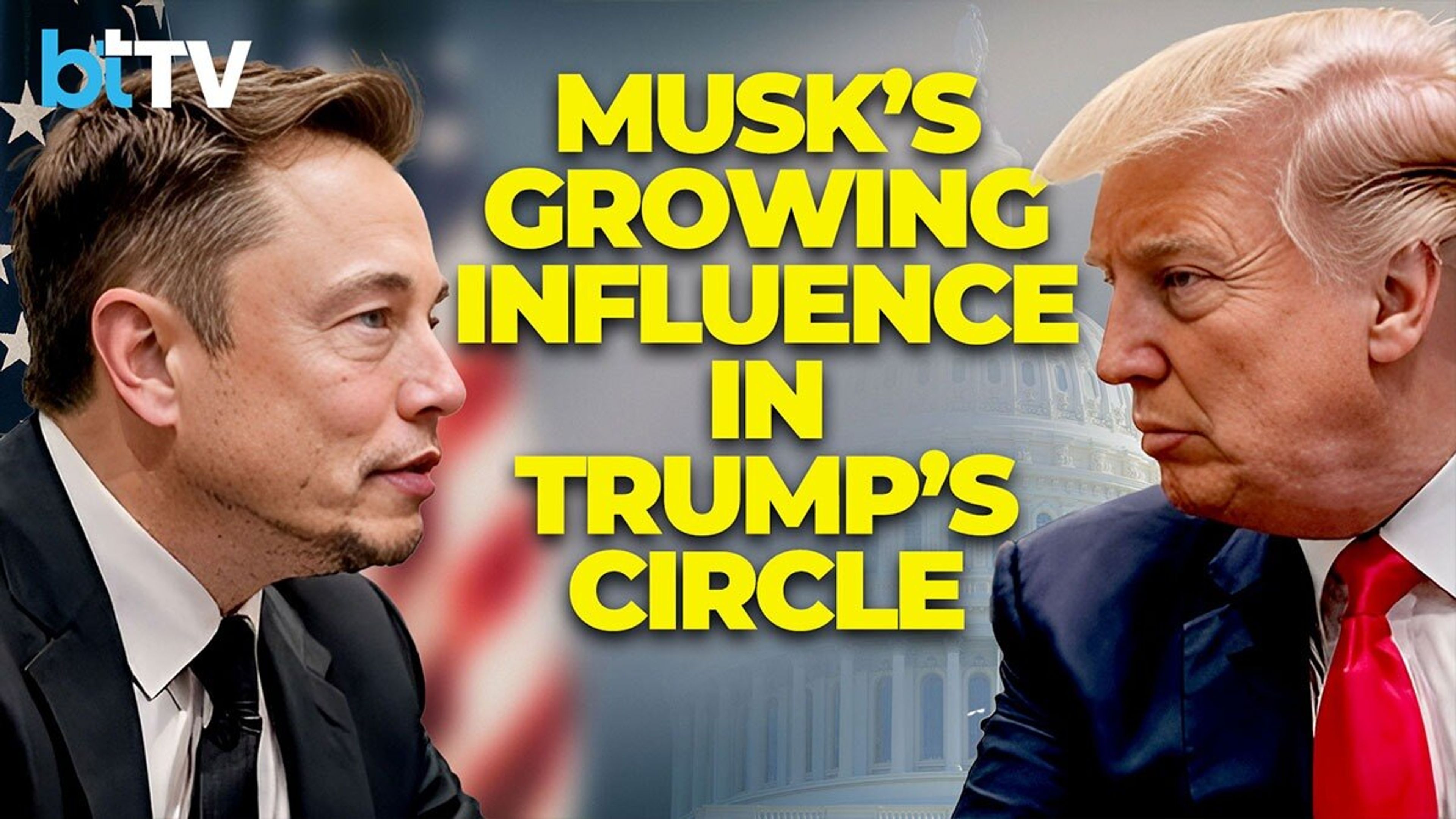 Elon Musk speaking at a political roundtable with U.S. government symbols in the background, representing his growing role in federal efficiency reforms.