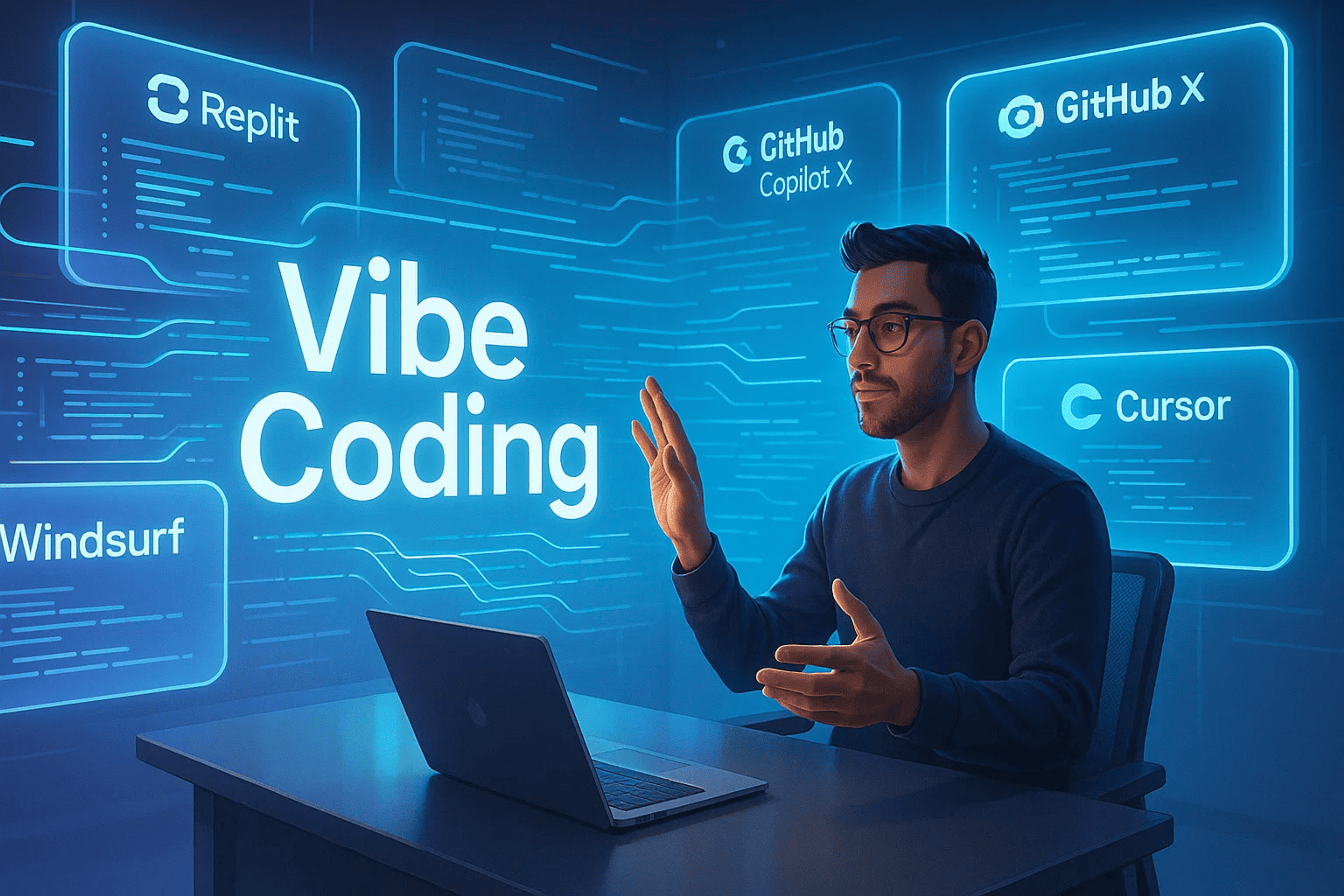 A solo developer working late in a cozy, neon-lit room, with code on screen and a chill playlist in the background—capturing the essence of vibe coding.