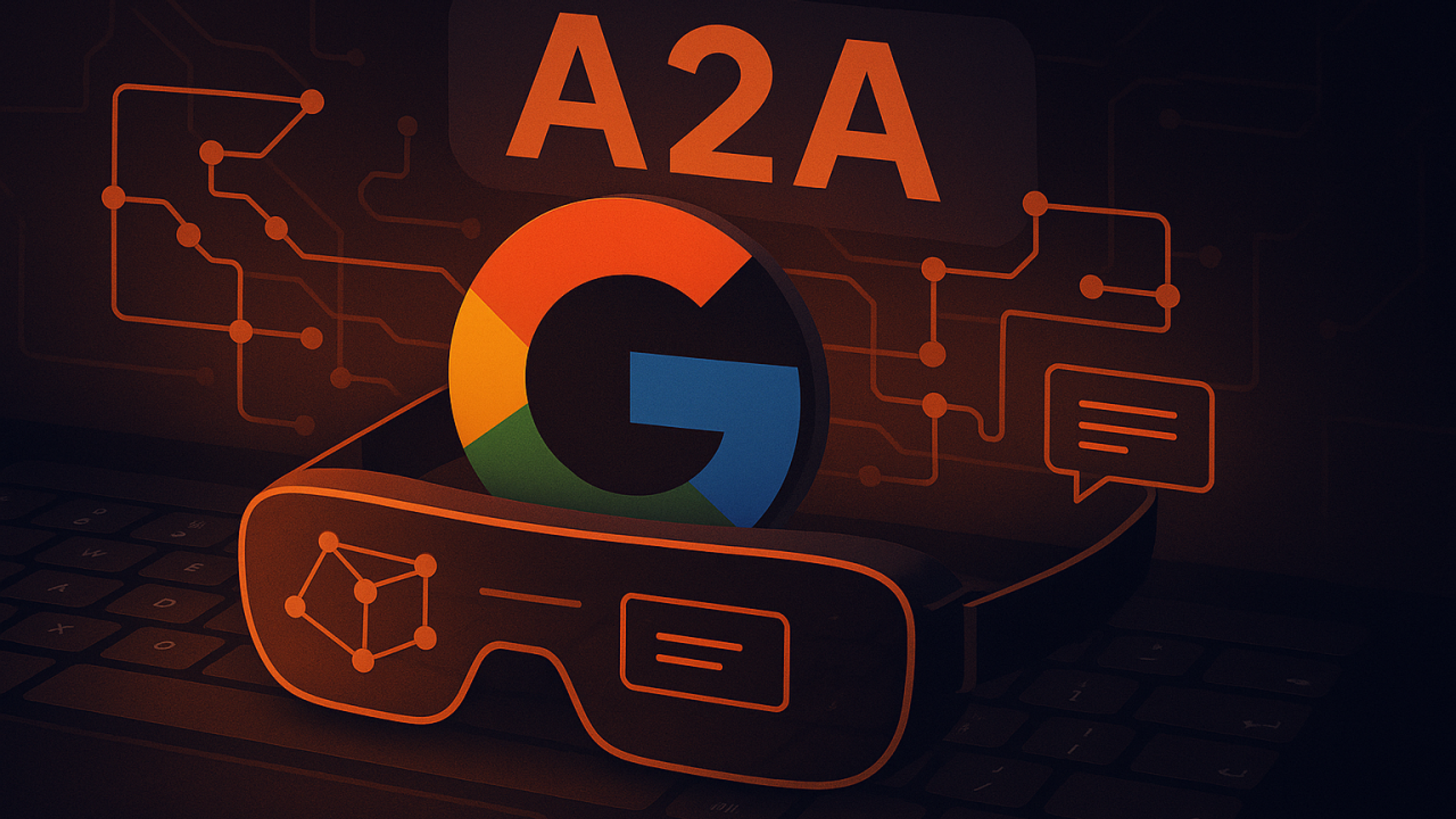 Concept art showing AI agents exchanging data streams, symbolizing seamless communication using advanced protocols like A2A.