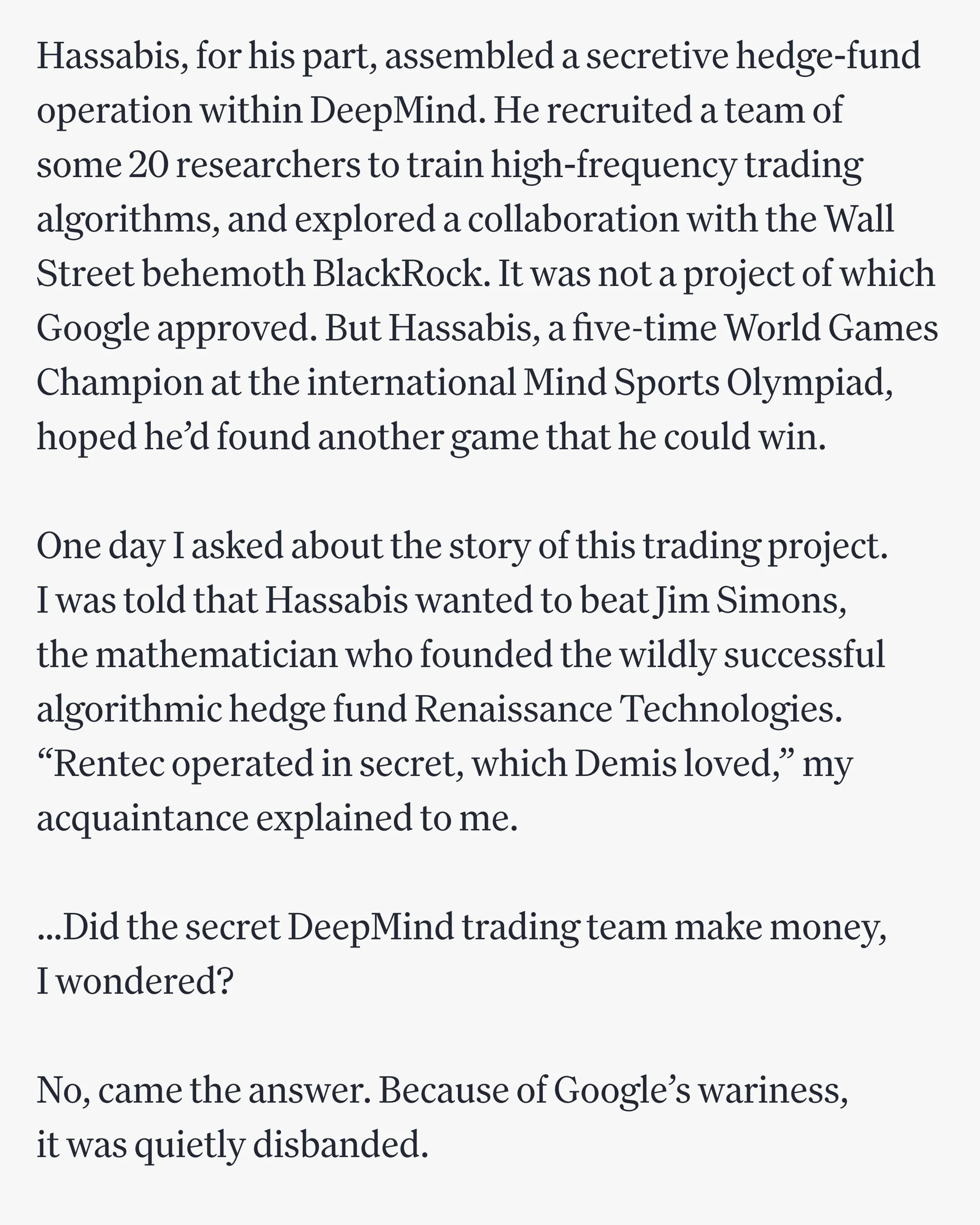 Demis Hassabis hedge fund DeepMind
