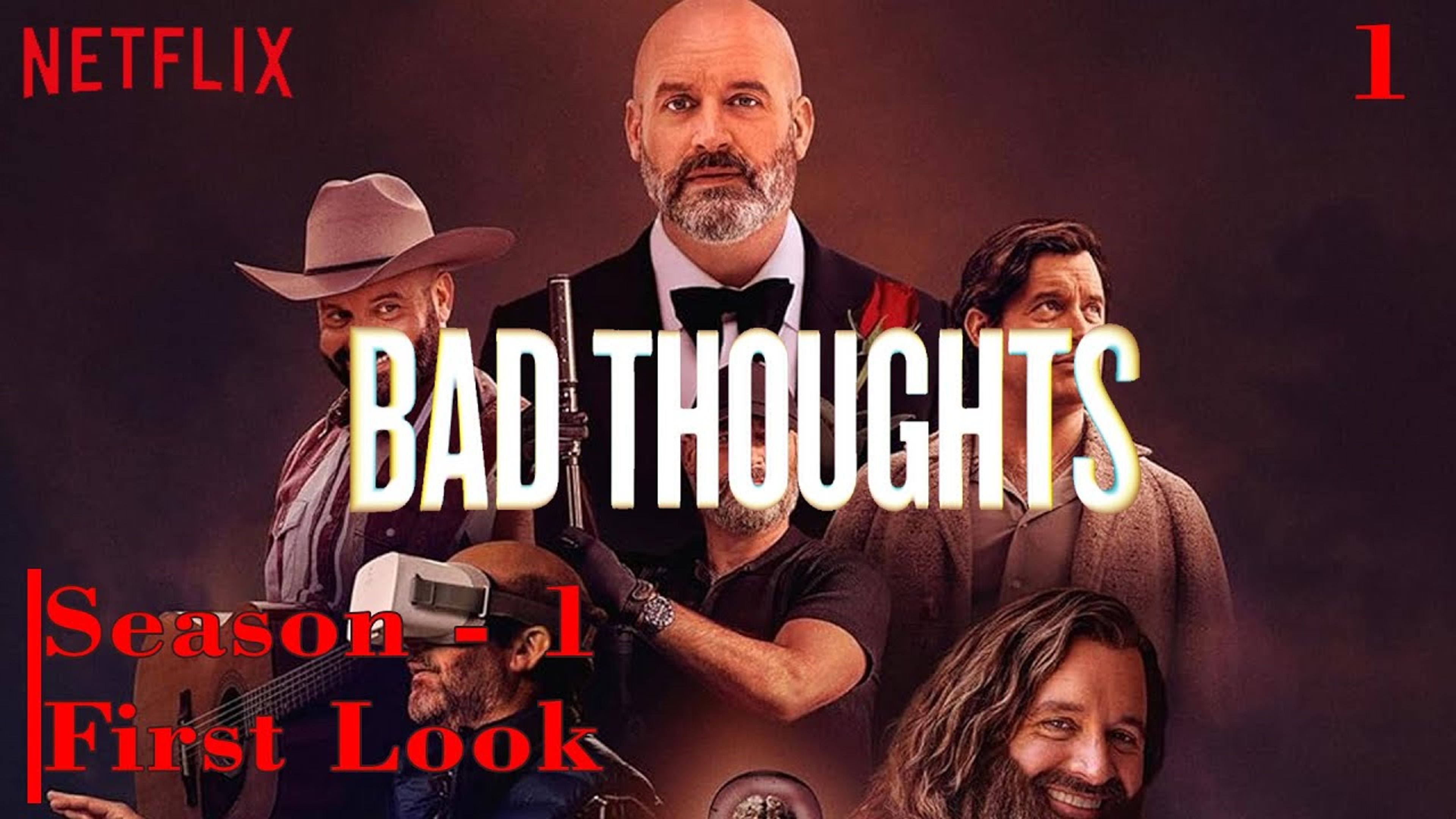 Tom Segura in a scene from Netflix's Bad Thoughts, portraying a darkly comedic character in a surreal setting.