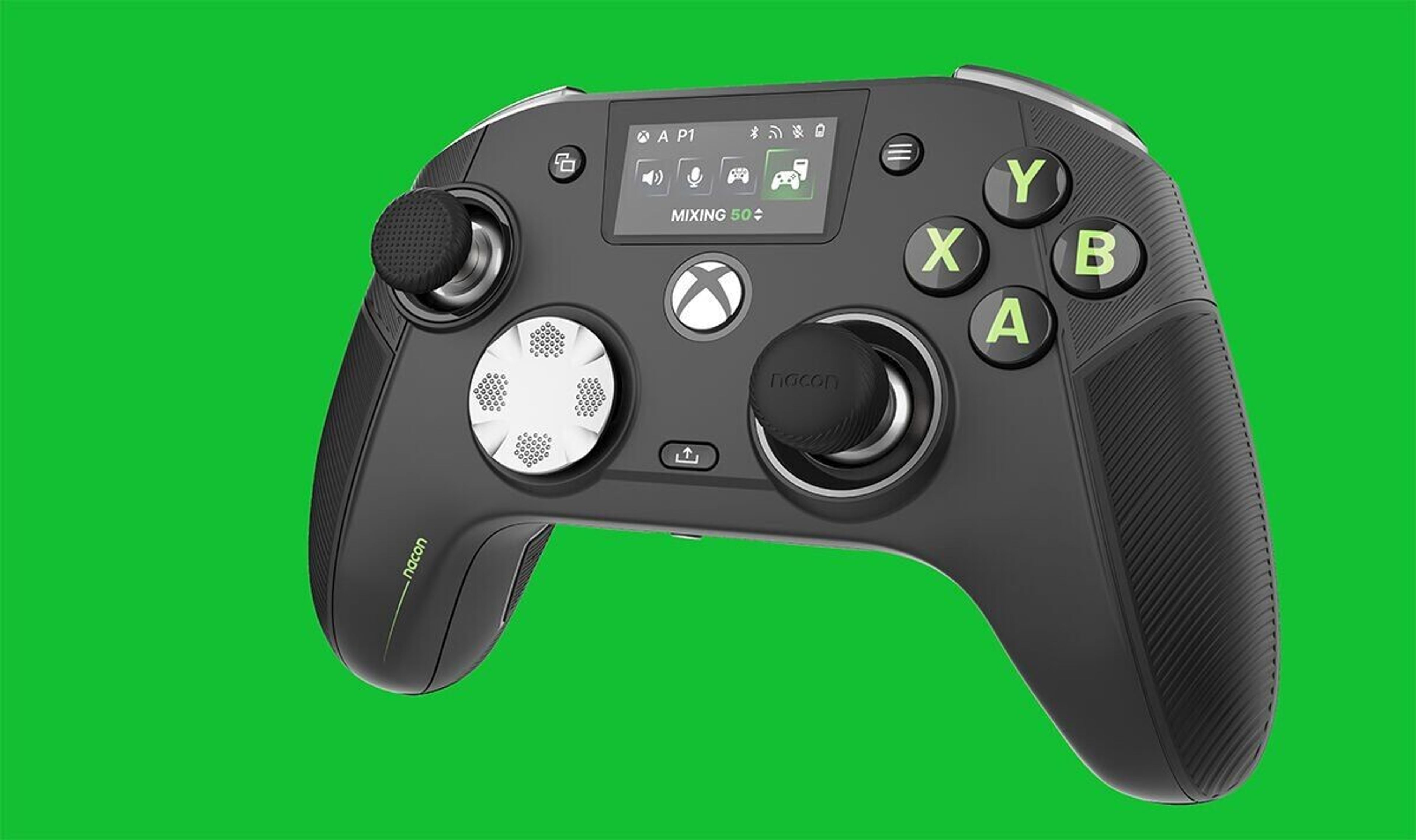 Nacon Revolution X Unlimited wireless controller placed beside a gaming console, highlighting its customizable buttons and sleek design.