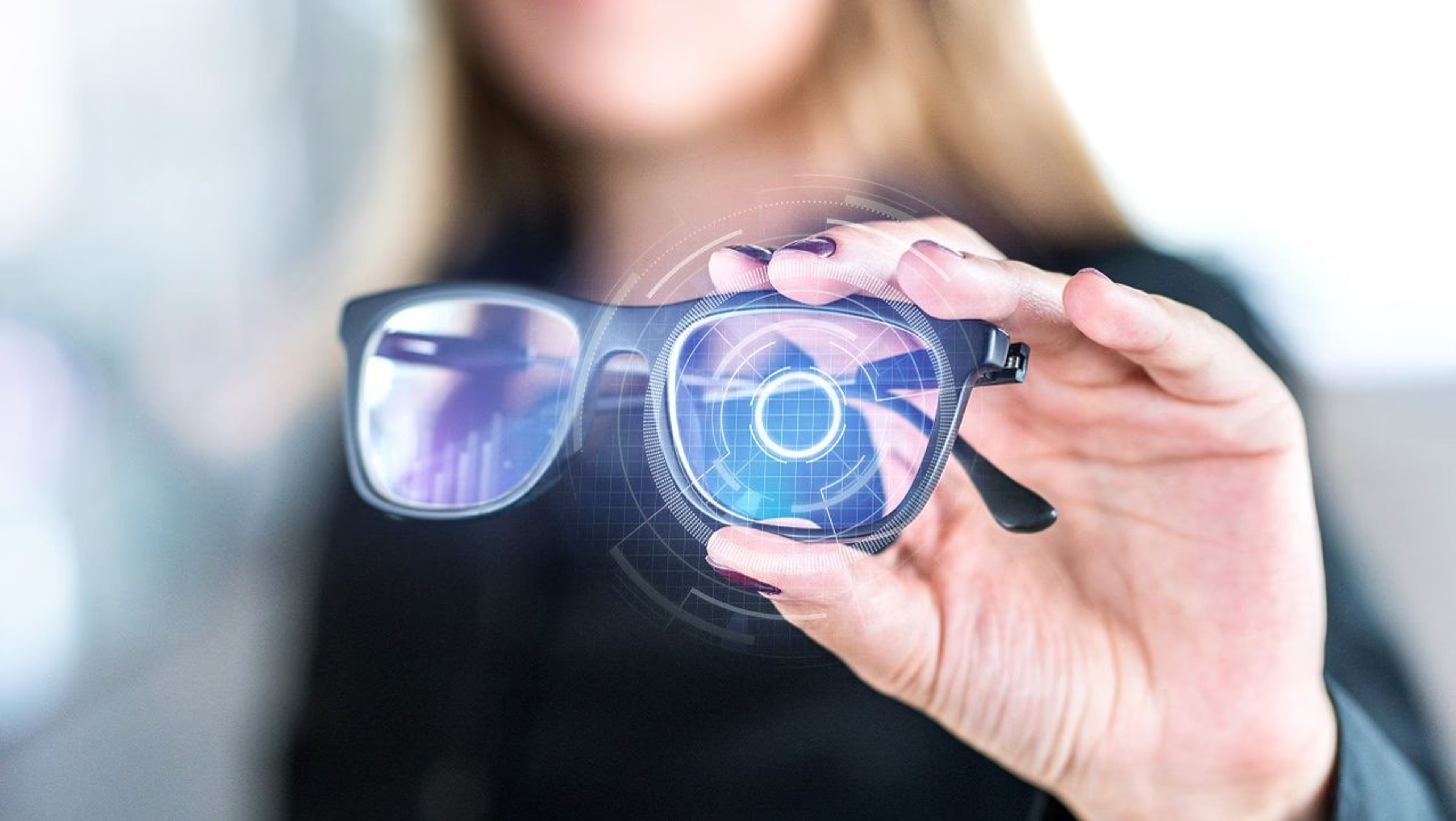 A futuristic user wearing Meta’s AR glasses with digital overlays selectively blocking out advertisements in an urban environment.