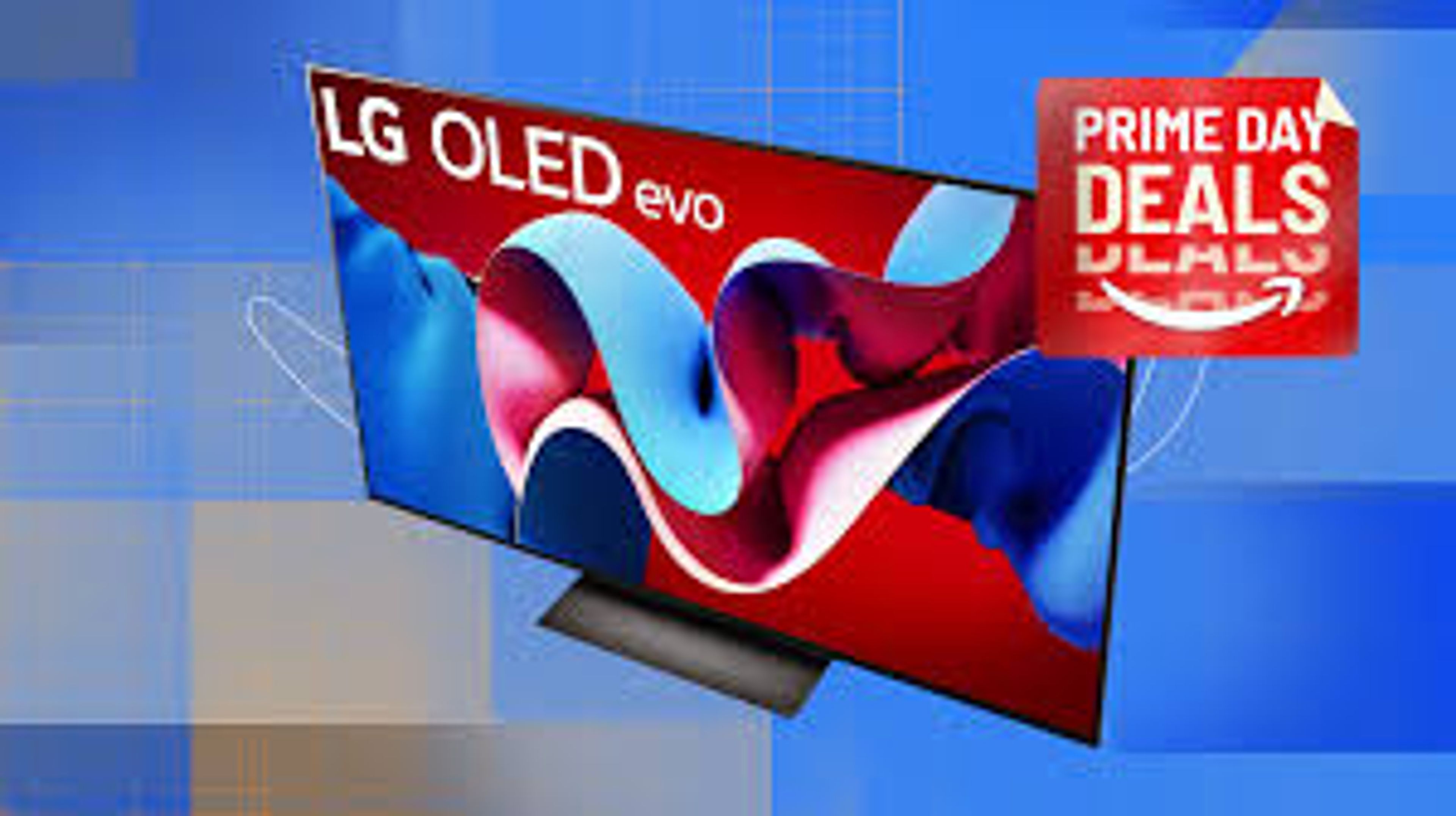 The LG C4 OLED TV displayed in a modern living room setup, showing vibrant visuals with Prime Day deal tags on screen.