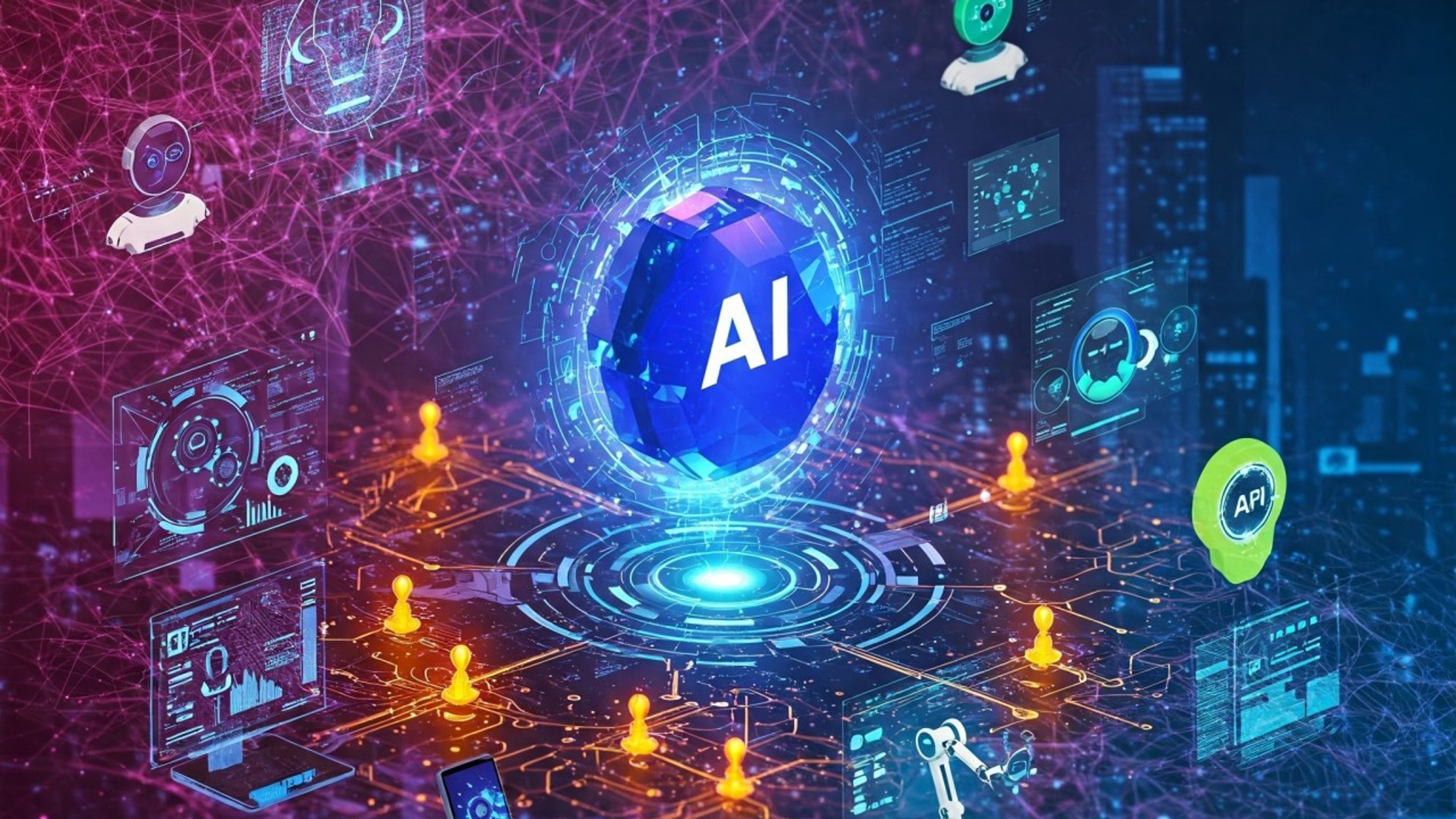 Digital illustration of autonomous AI agents interacting within a network, symbolizing OpenAI’s evolving agent-based innovations.
