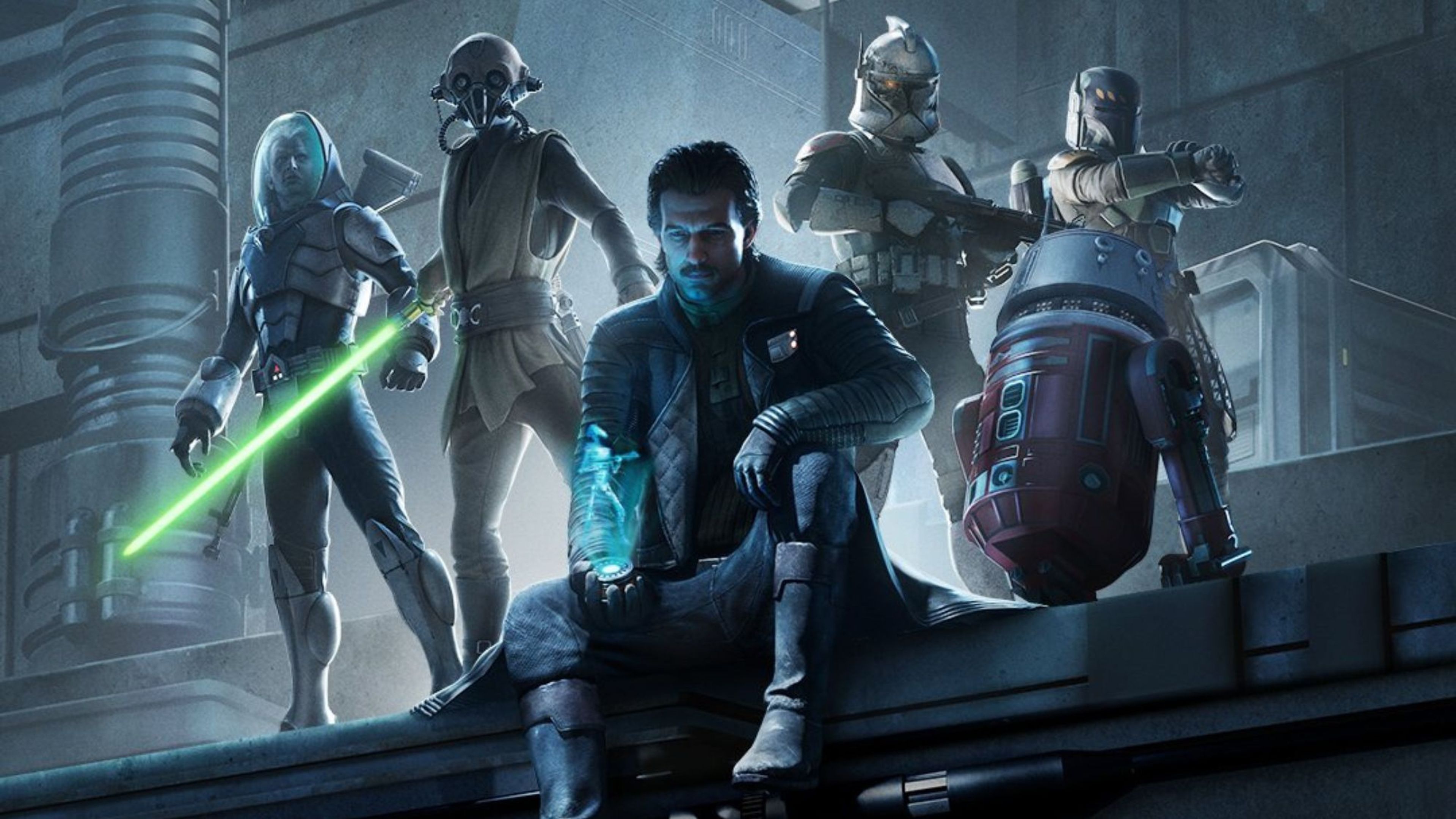 Key art from Star Wars: Zero Company showcasing the elite squad led by Hawks, set against a Clone Wars-era backdrop.