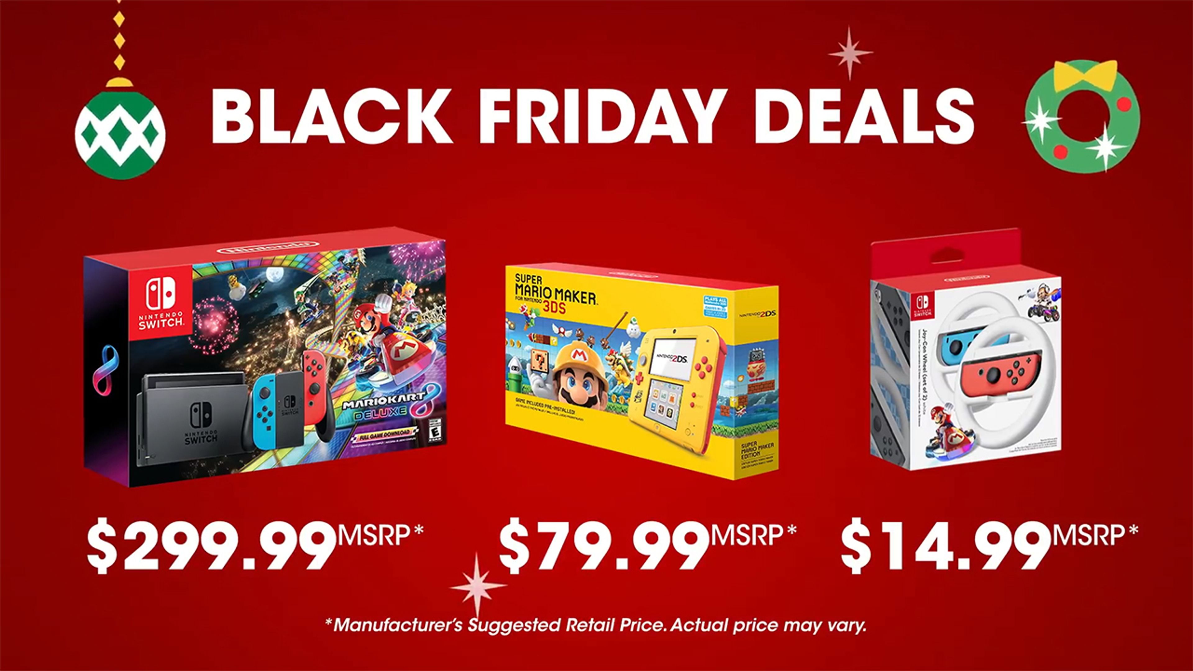 A showcase of Nintendo Switch consoles, controllers, and accessories with bold Black Friday discount tags.