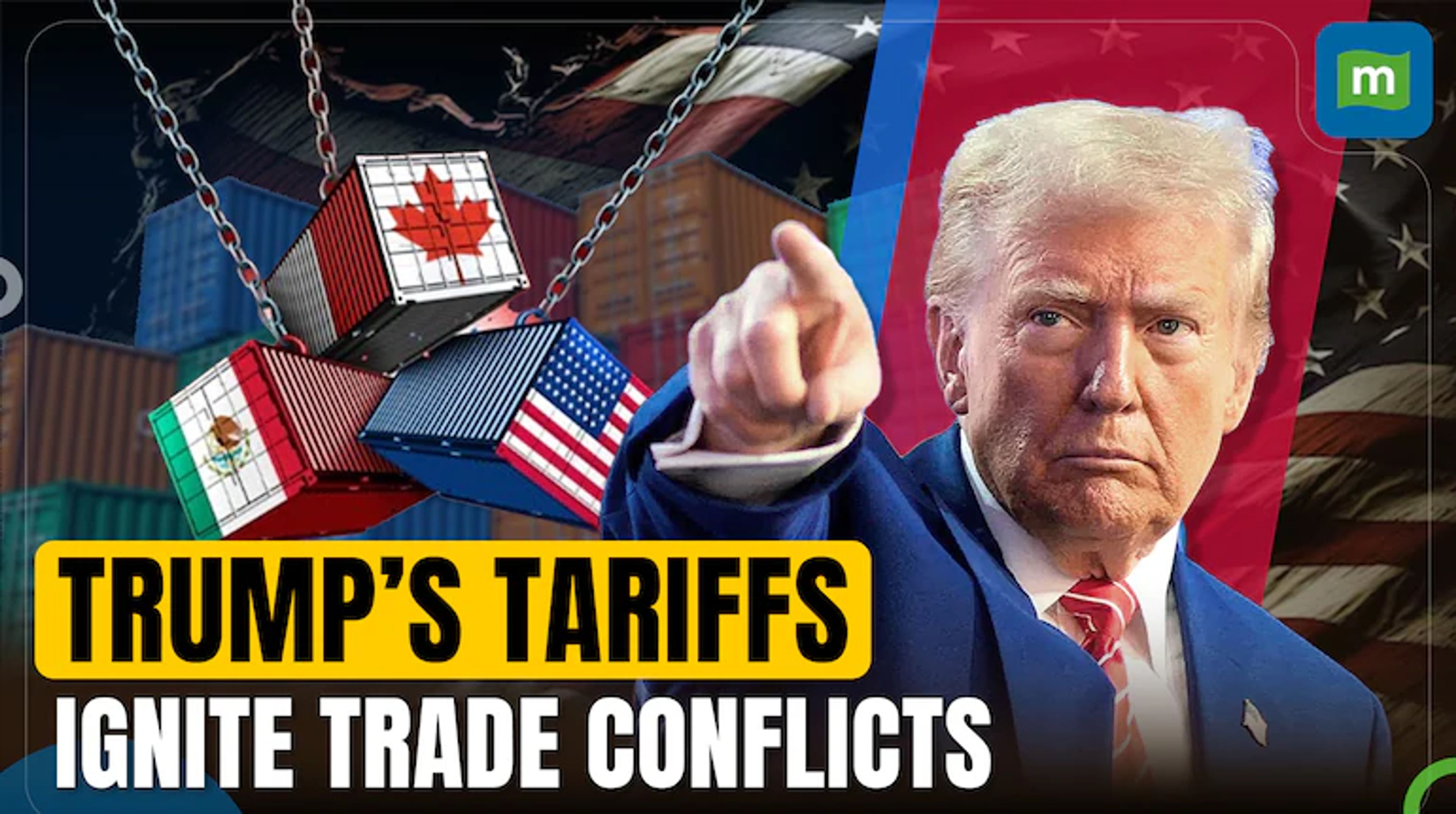 Shipping containers and export crates labeled "Pharma," "Textiles," and "Auto Components" stacked at a port, symbolizing global trade under tariff pressure.