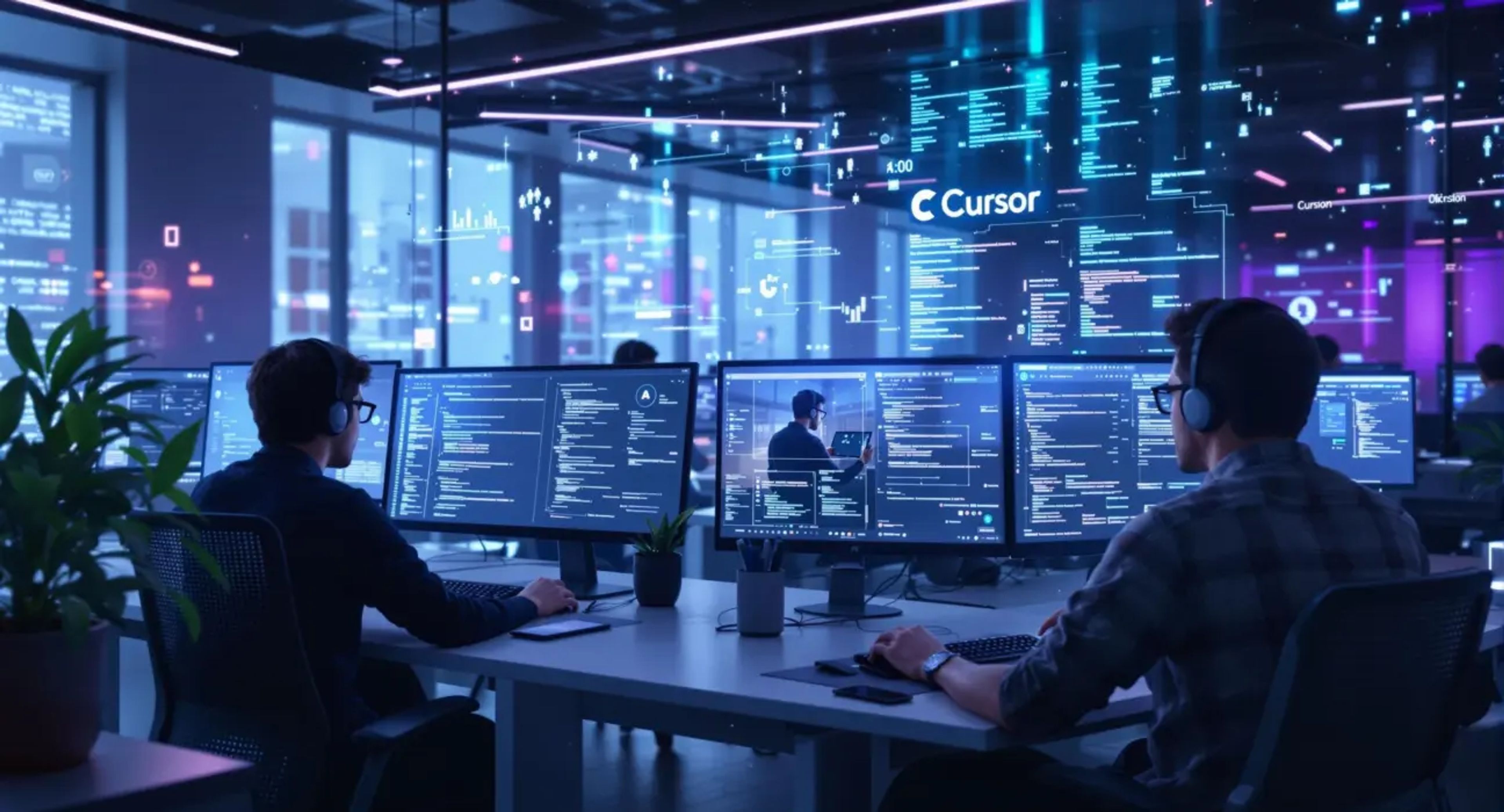 A developer coding on a laptop with Cursor AI interface on-screen, surrounded by holographic symbols of automation, AI, and software frameworks.