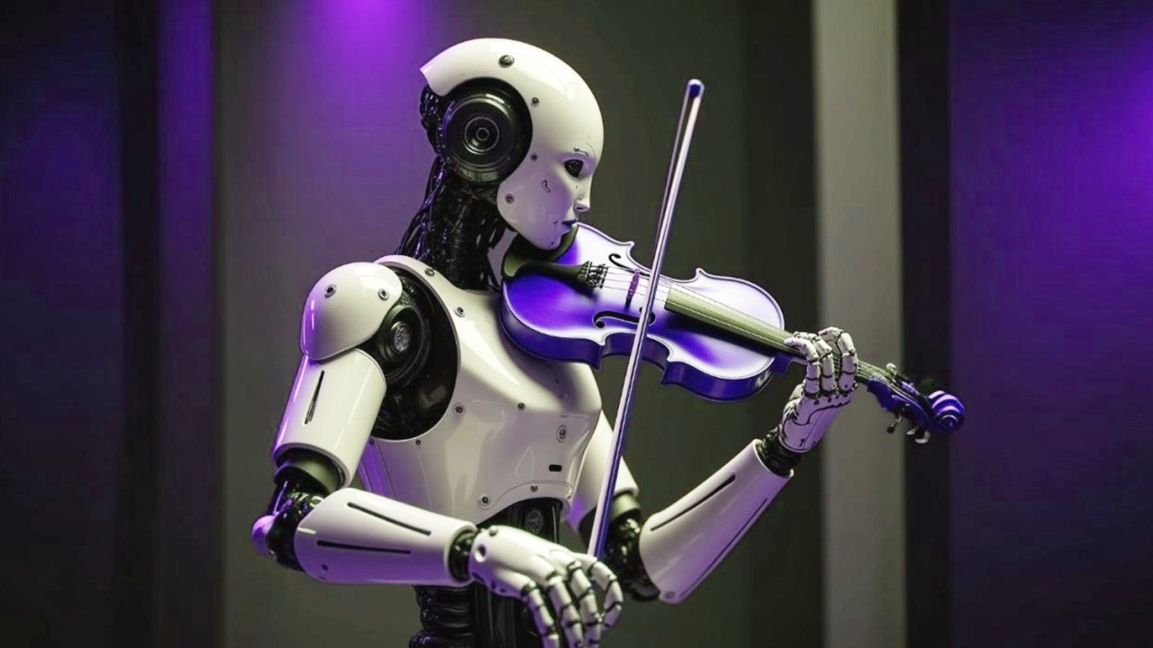 A digital composer interface with AI-generated sheet music and sound wave visuals, symbolizing artificial intelligence crafting original melodies.