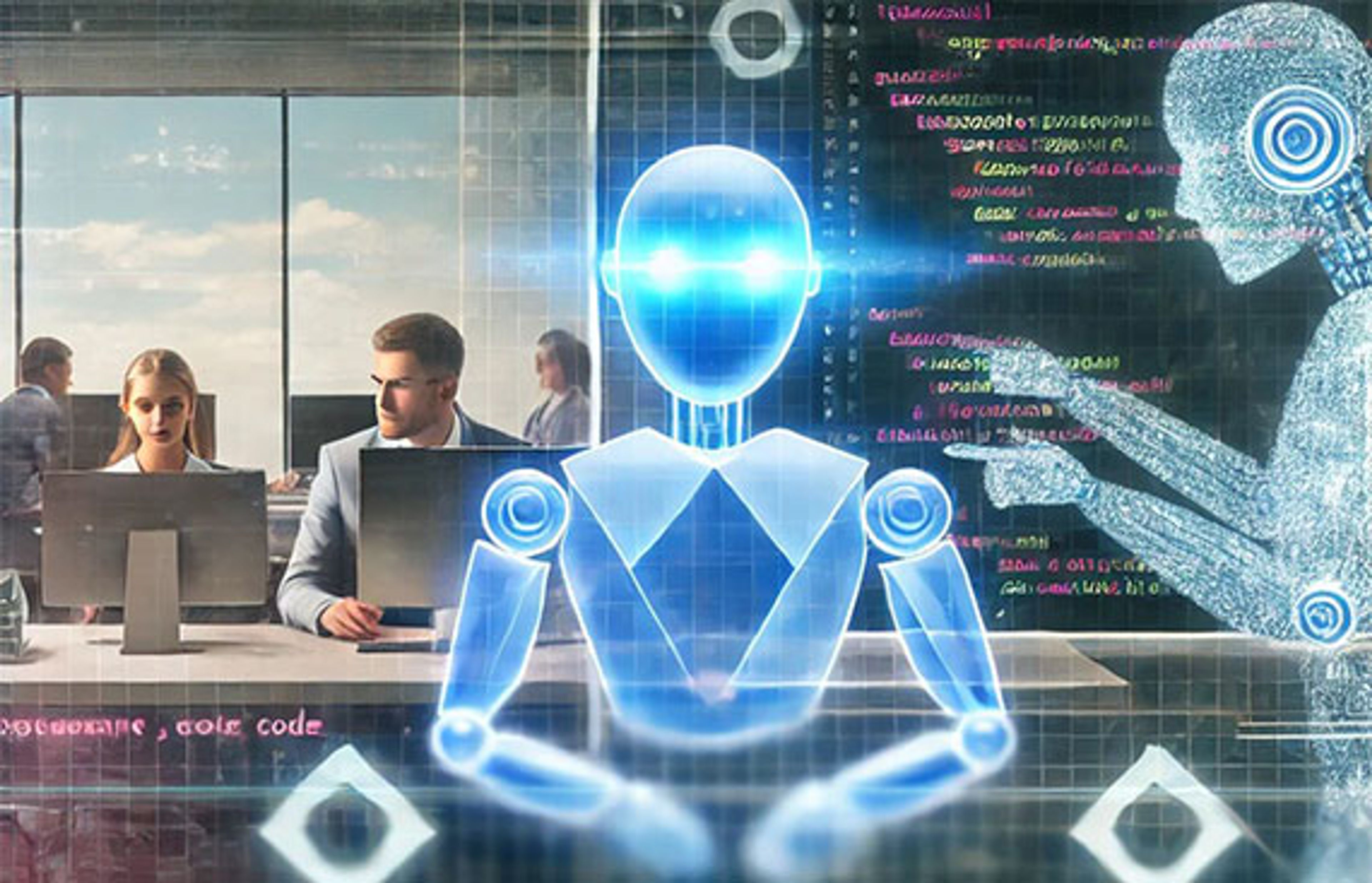 An AI-powered code editor auto-generating clean, structured code with a developer observing, symbolizing collaboration between human engineers and AI coding agents.