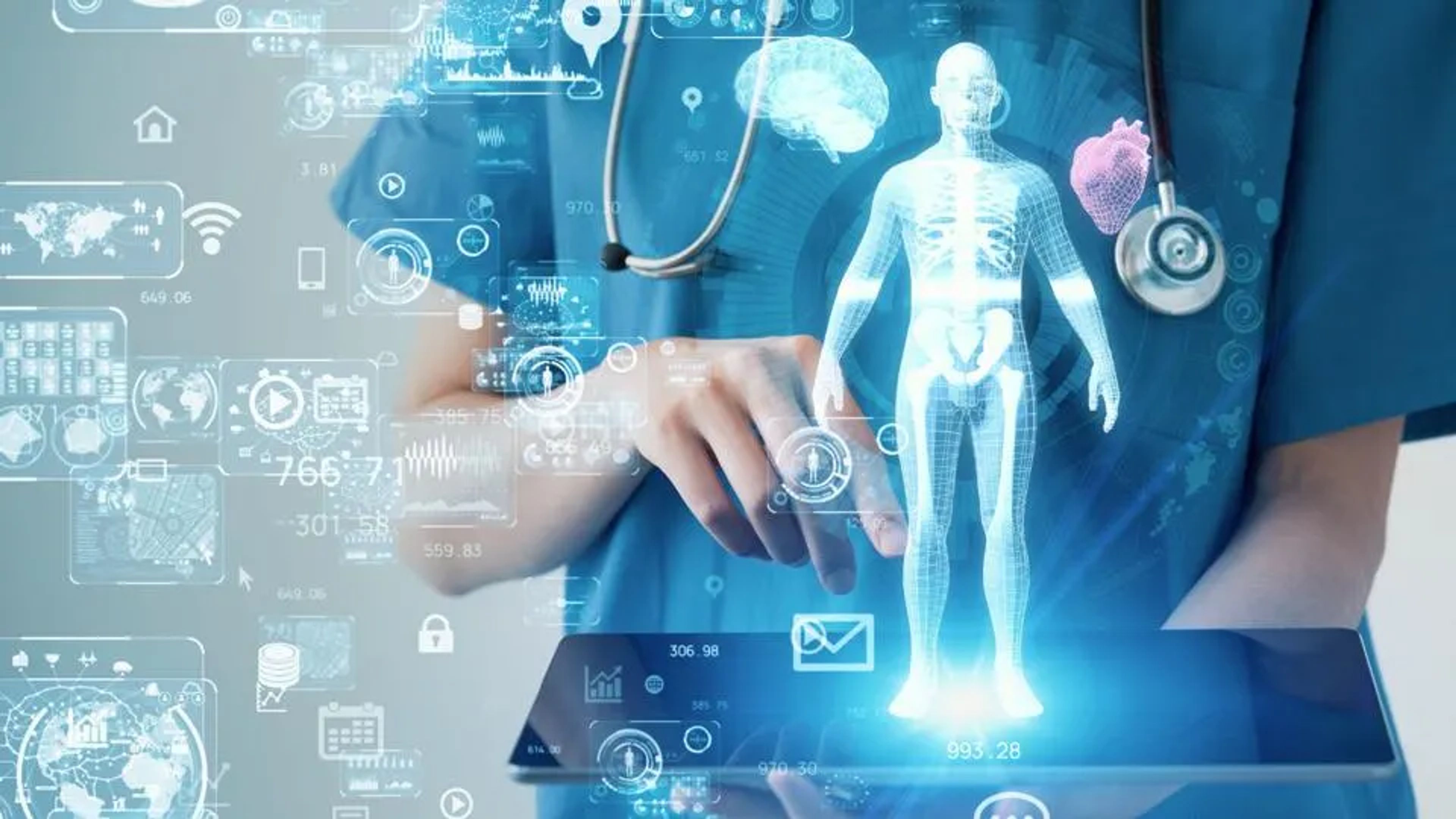 A doctor analyzing patient data on a digital interface powered by AI, healthcare with icons representing diagnostics, wearable tech, and predictive analytics.