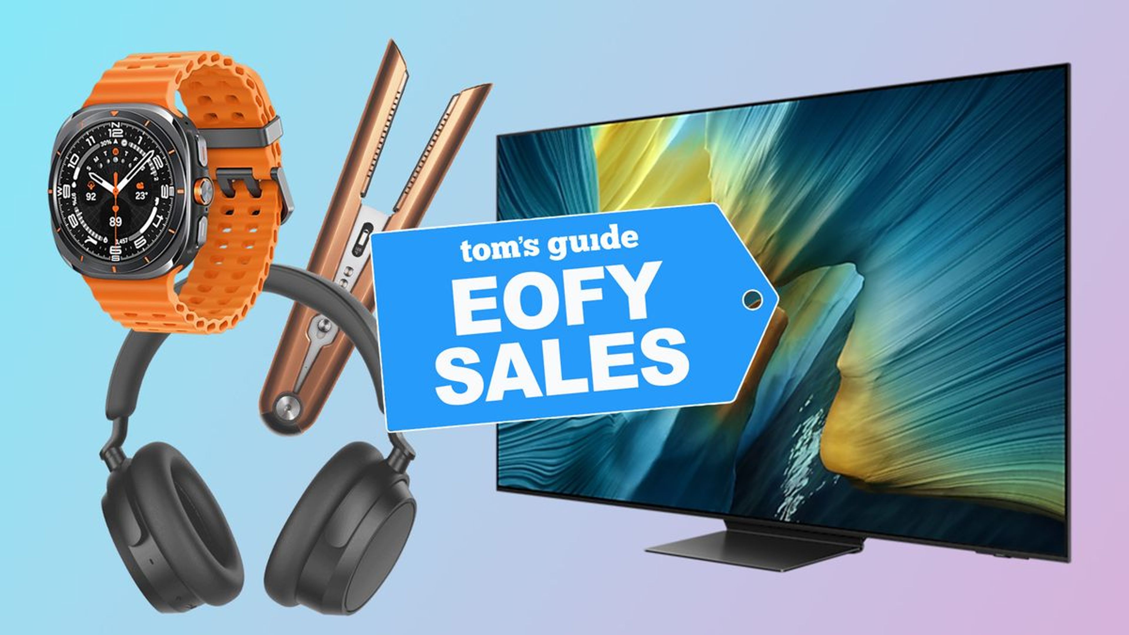 An eye-catching sale banner featuring electronics, appliances, and tech gear with bold “EOFY 2025” and “Huge Discounts” tags.