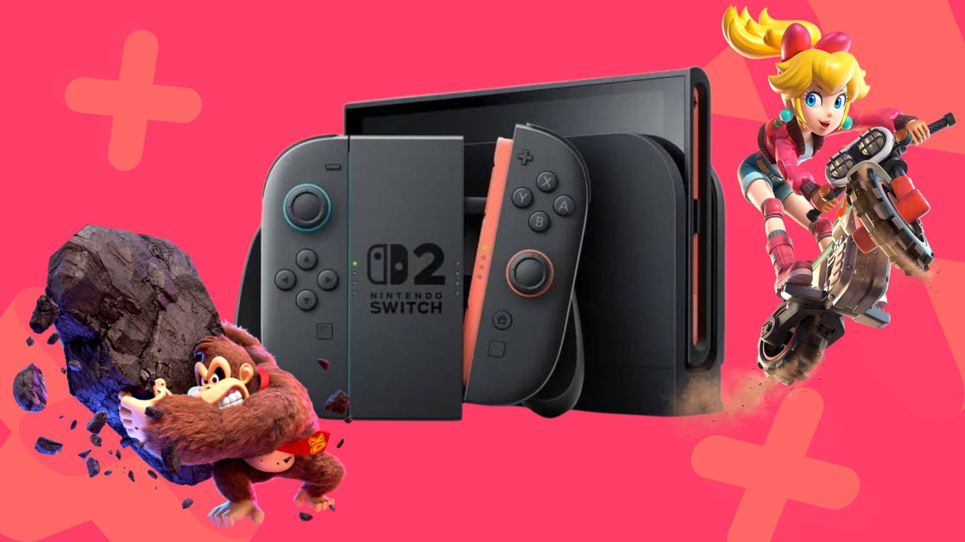 Promotional image for the Nintendo Switch 2, featuring the console and controllers against a red background with pre-order announcement text.