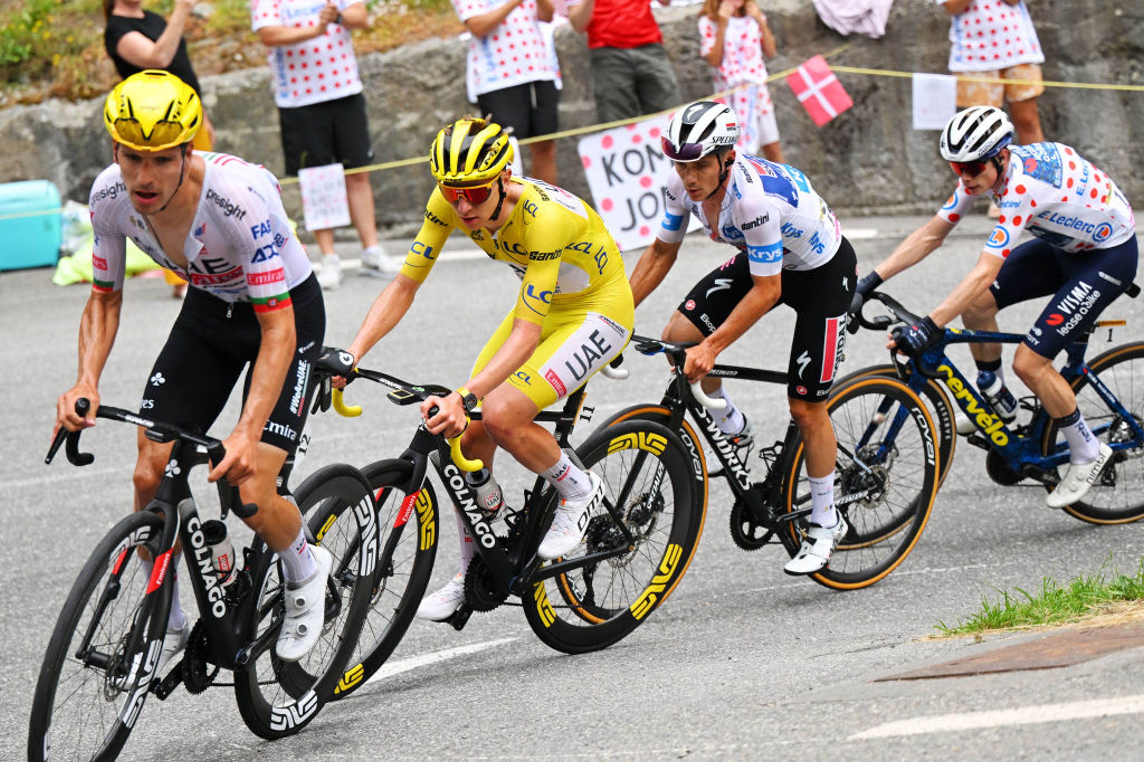Professional cyclists racing through the French countryside during the Tour de France, with cheering crowds and official banners lining the route.
