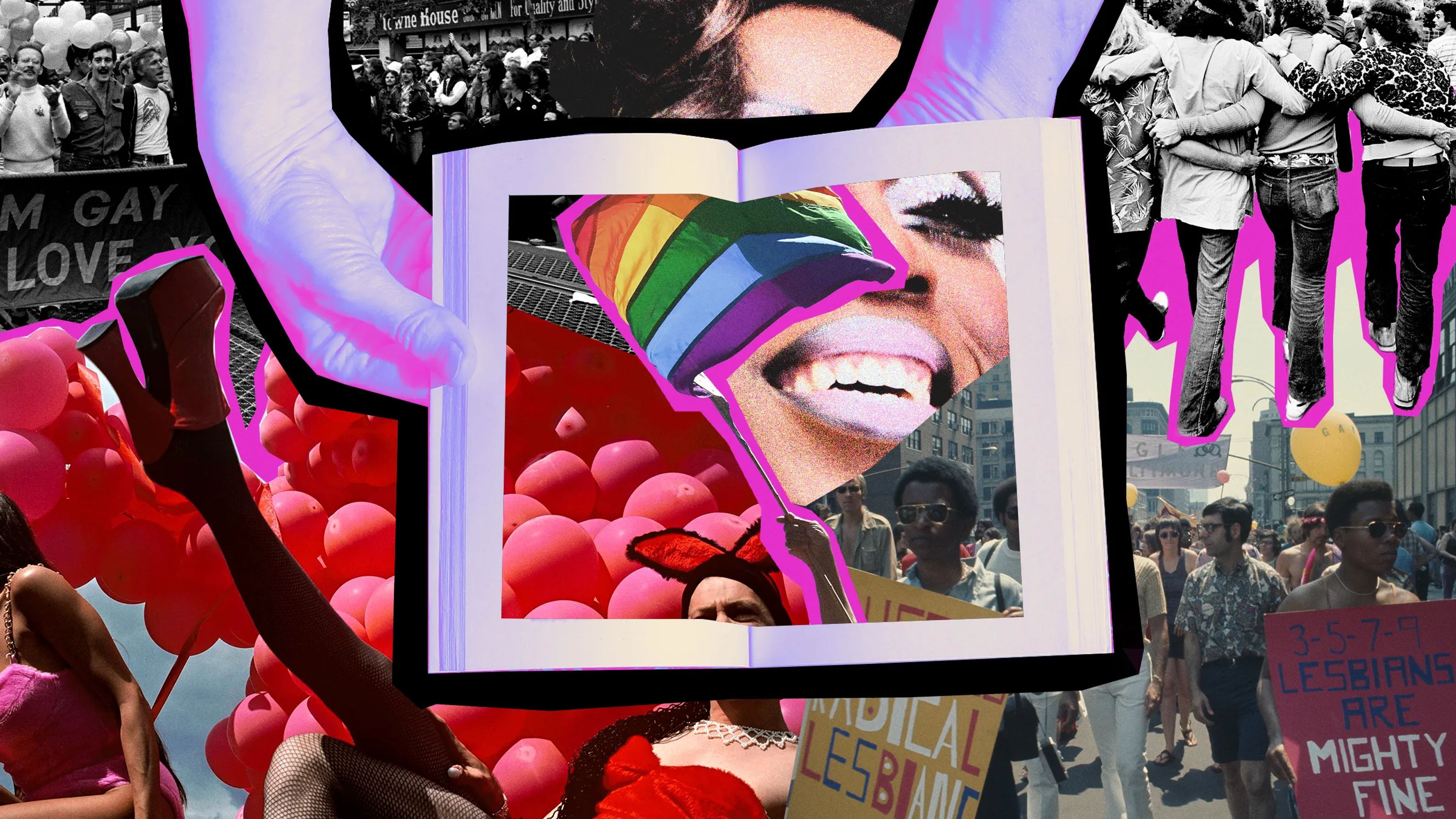 A diverse group gathered around a laptop and queer literature, symbolizing digital activism and the preservation of LGBTQ+ history.