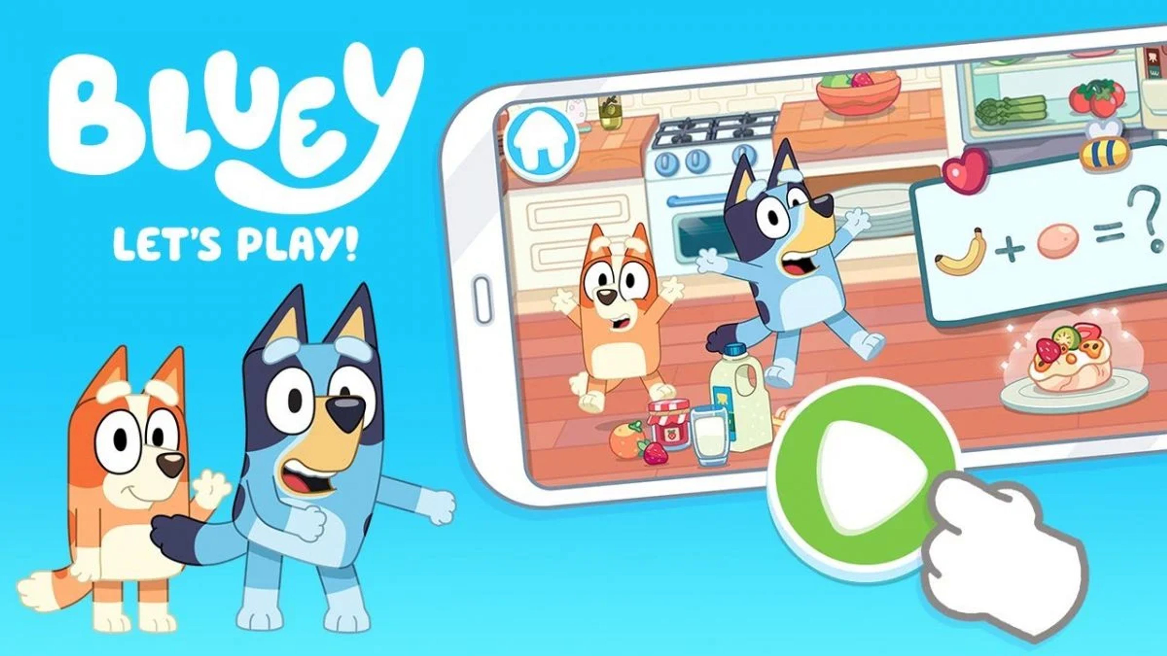 Bluey and Bingo engaging in interactive play within the 'Bluey: Let's Play' mobile app environment. BBC +1 Bluey Official Website +1