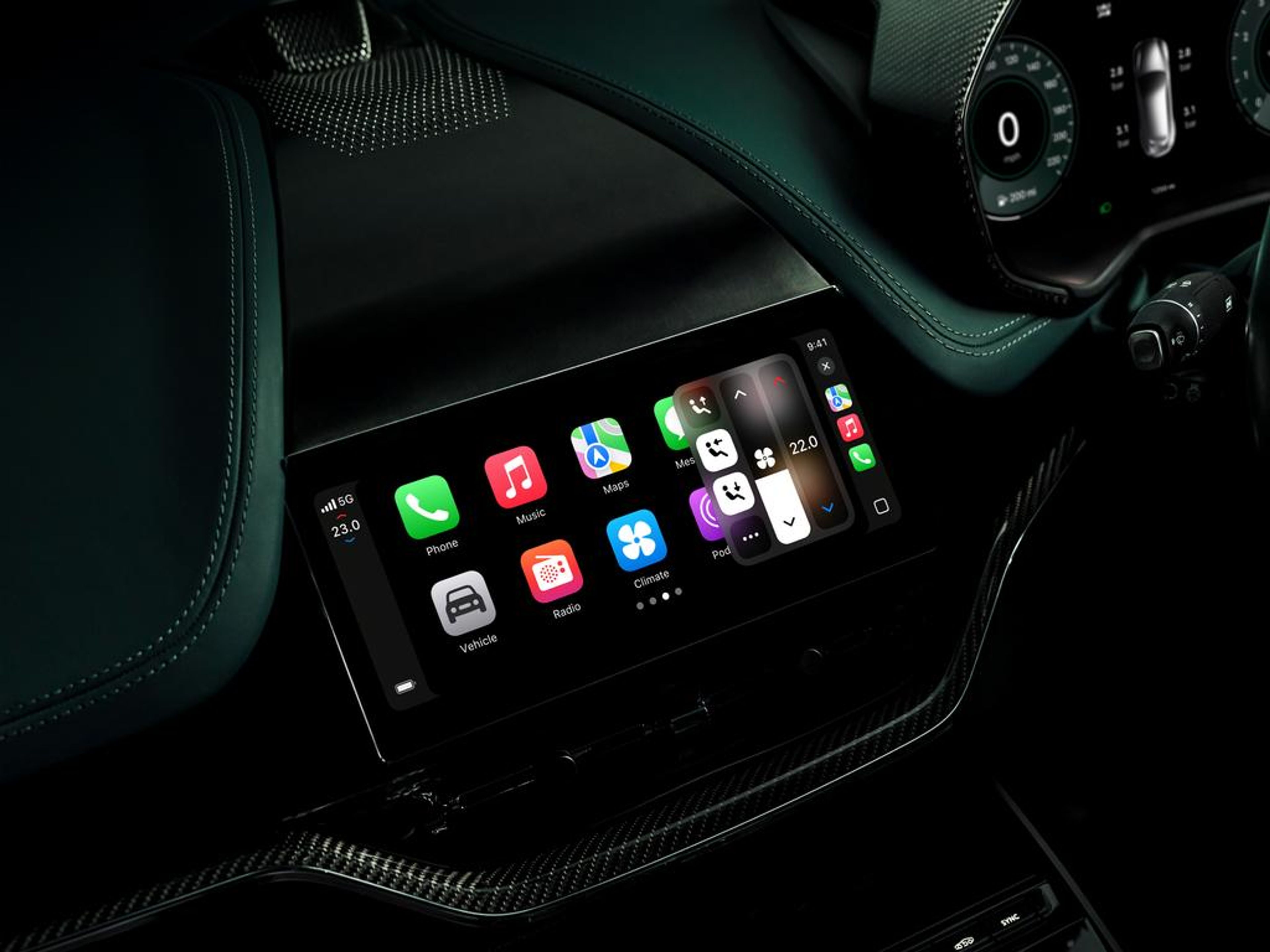 Aston Martin's dashboard showcasing Apple CarPlay Ultra's integrated instrument cluster and infotainment display.