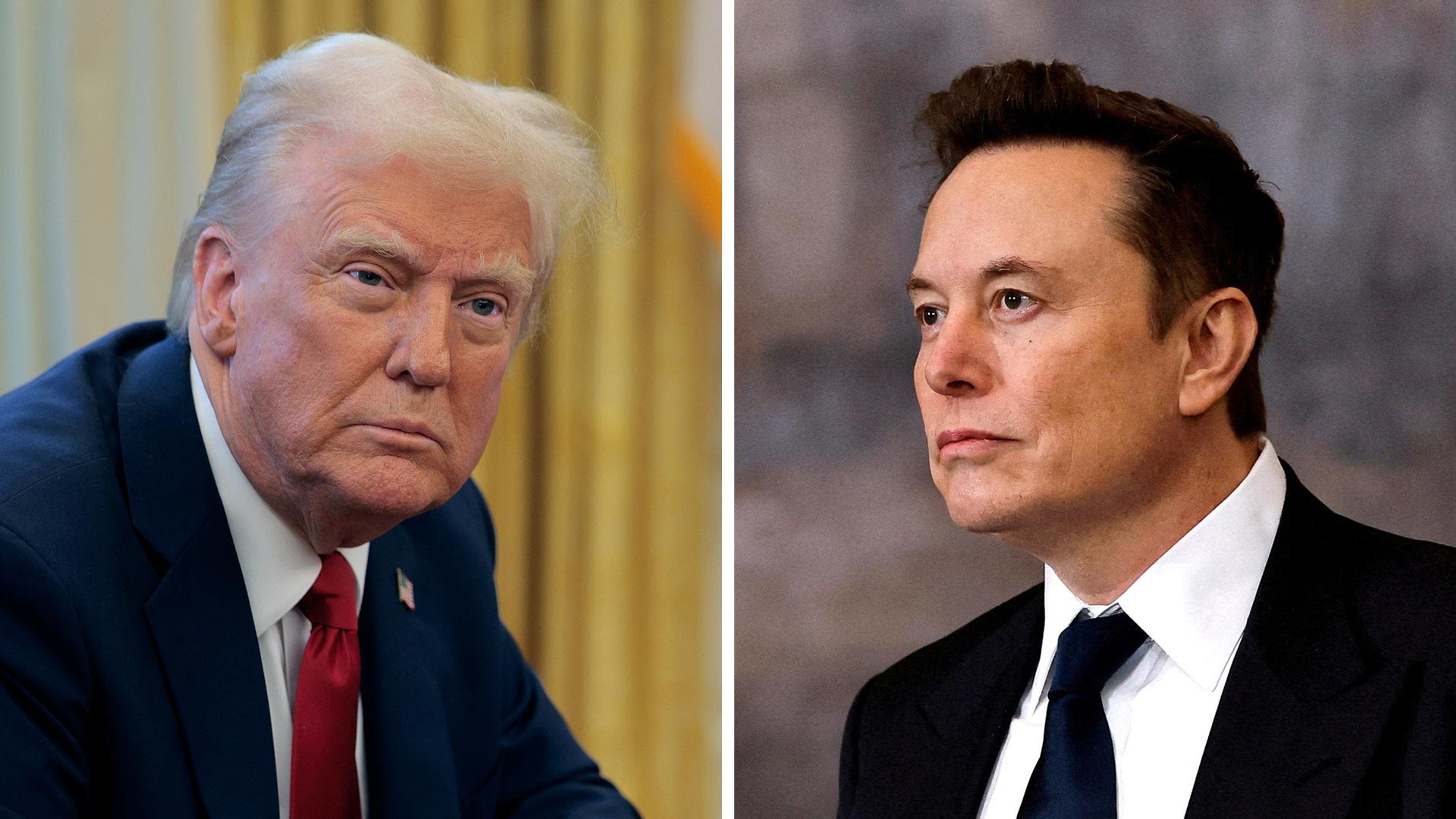 Split-screen image of Elon Musk and Donald Trump, each facing forward with tense expressions, set against a backdrop of headlines and tweets.