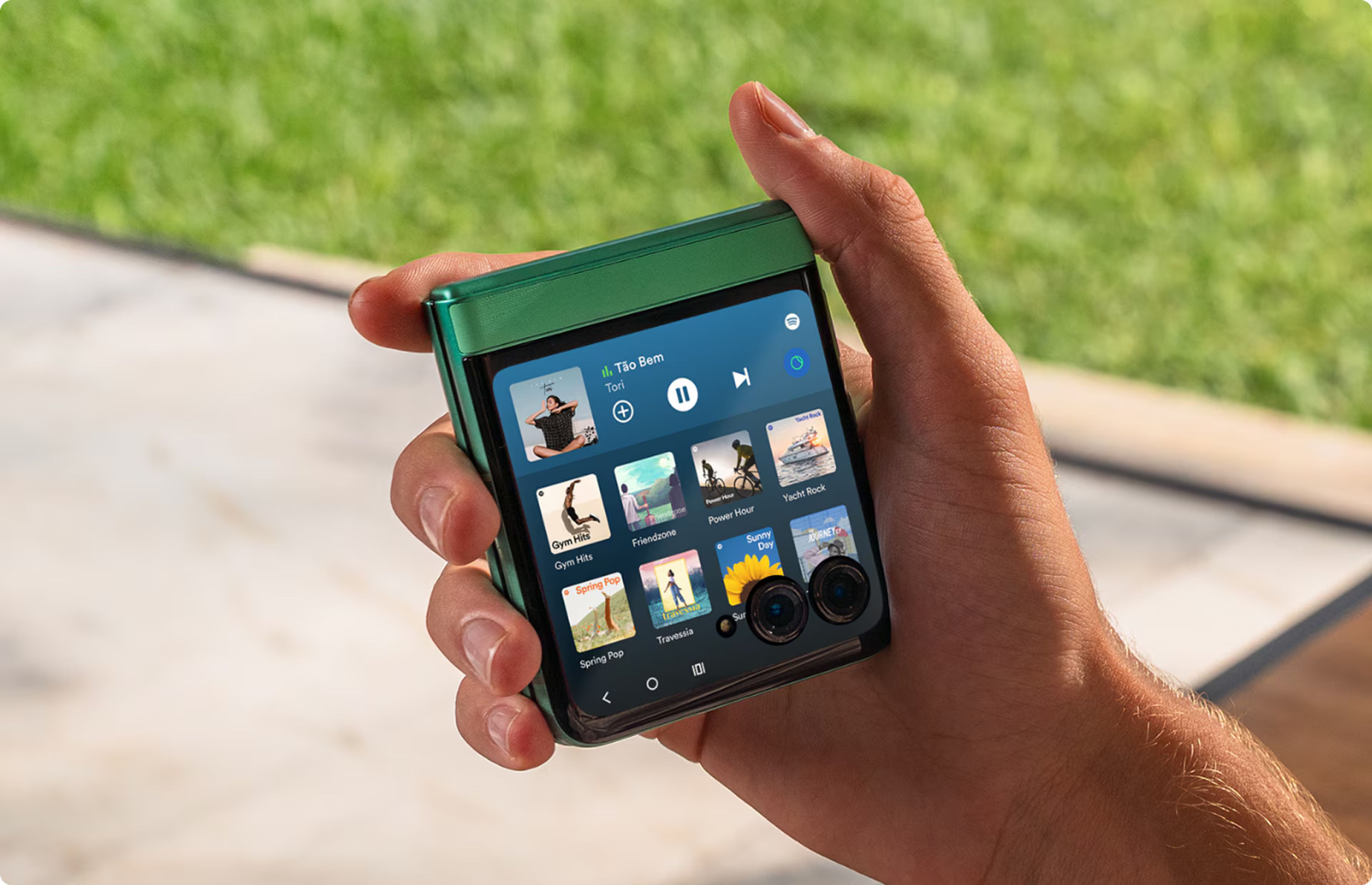 Motorola Razr 2025 foldable smartphone with dual displays, showcased in sleek metallic finish