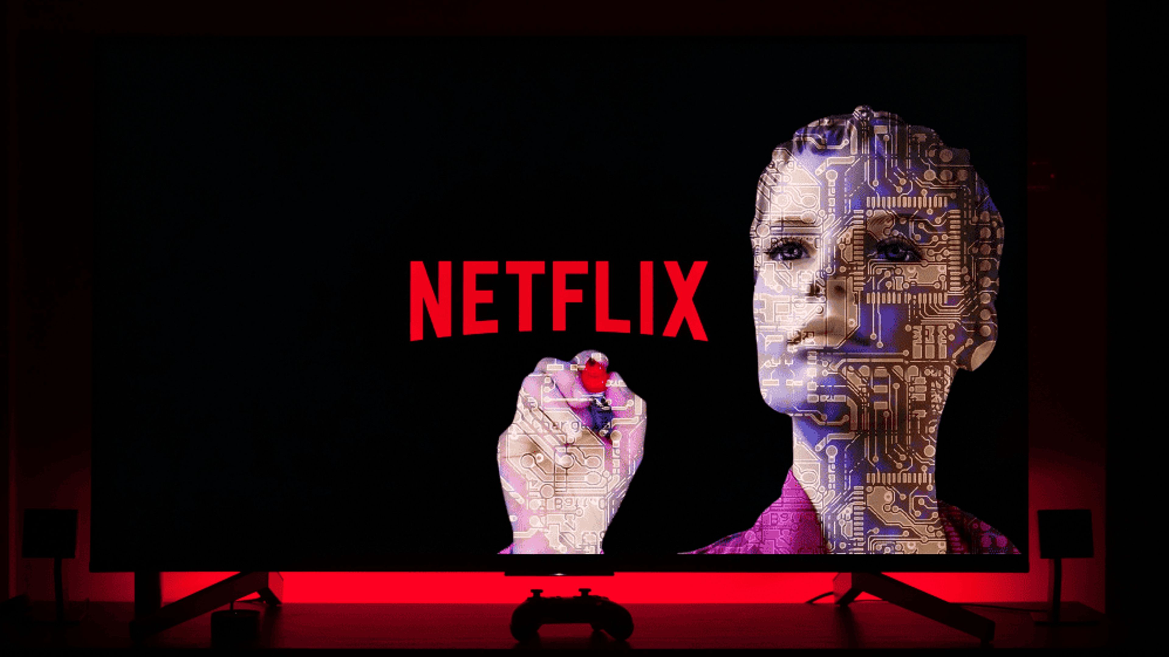 Netflix interface enhanced with AI-powered features, showcasing intuitive search results and personalized recommendations.