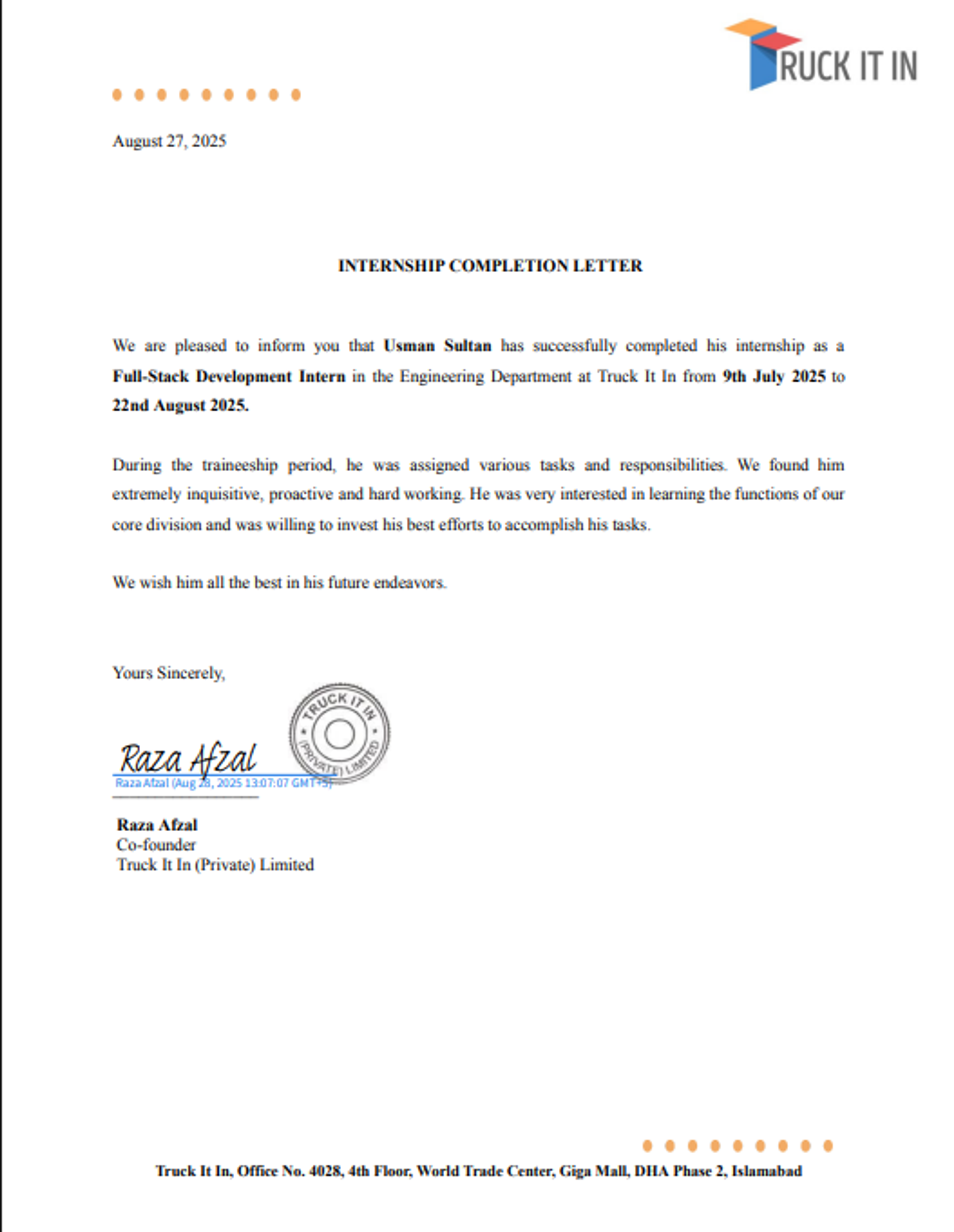 Full-Stack Internship Certificate