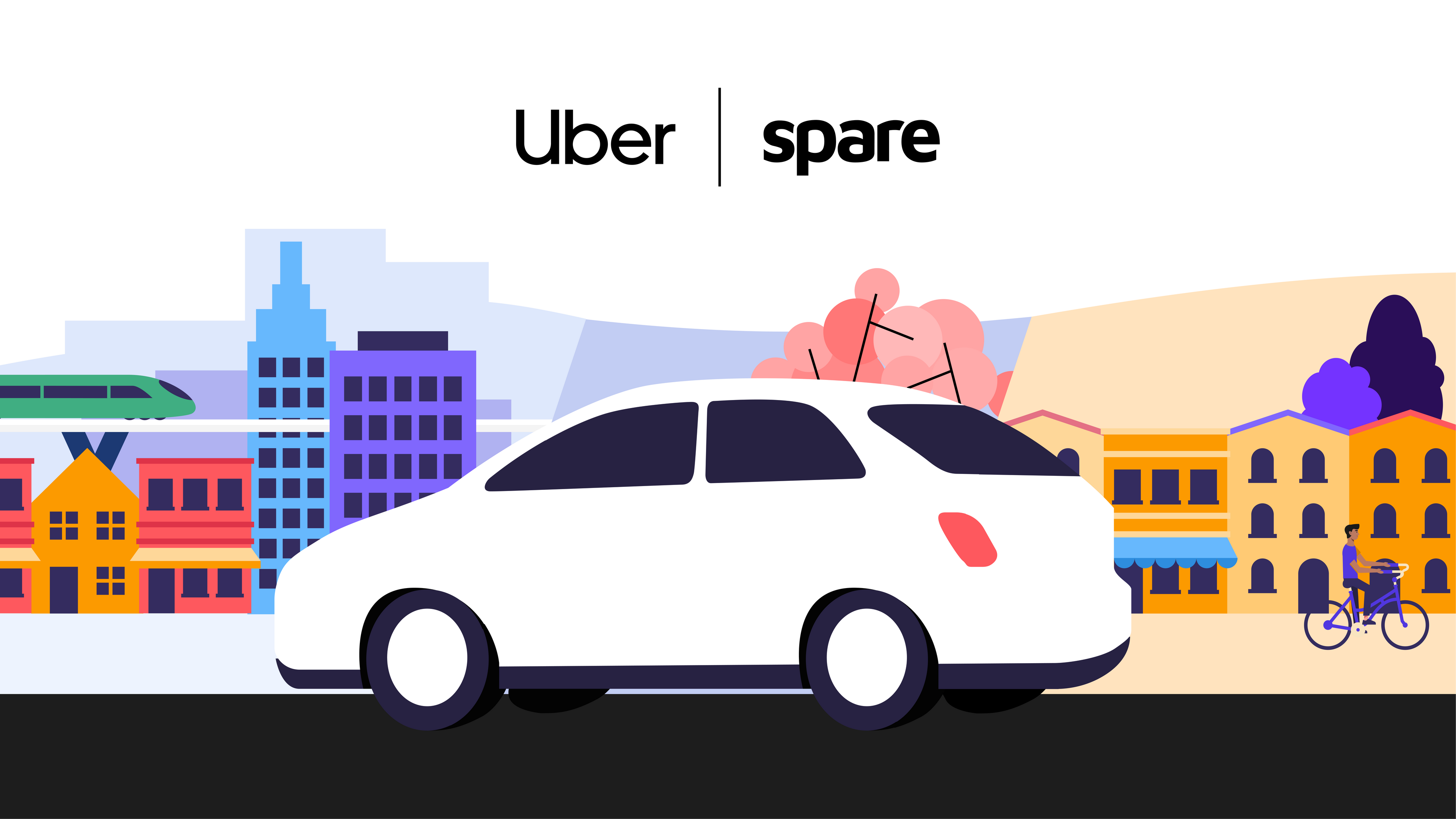 Uber and Spare logo illustration of an Uber vehicle in a town