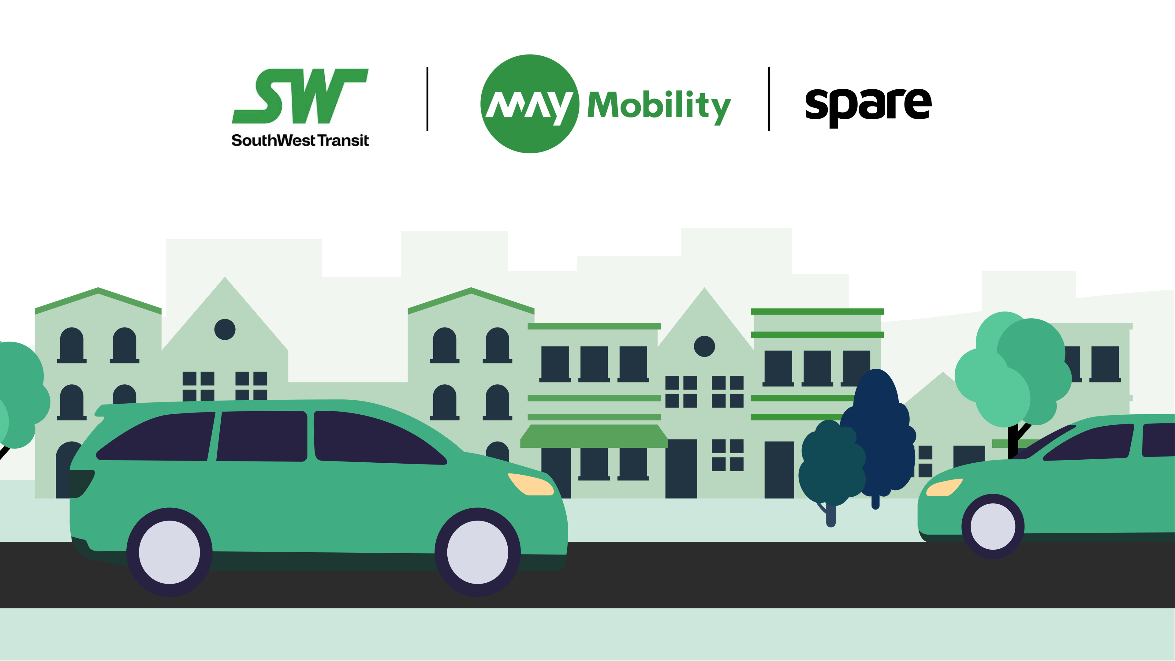 An illustration of two autonomous vehicles in a cityscape. There are logos of SouthWest Transit, May Mobility and Spare at the top of the illustration.  