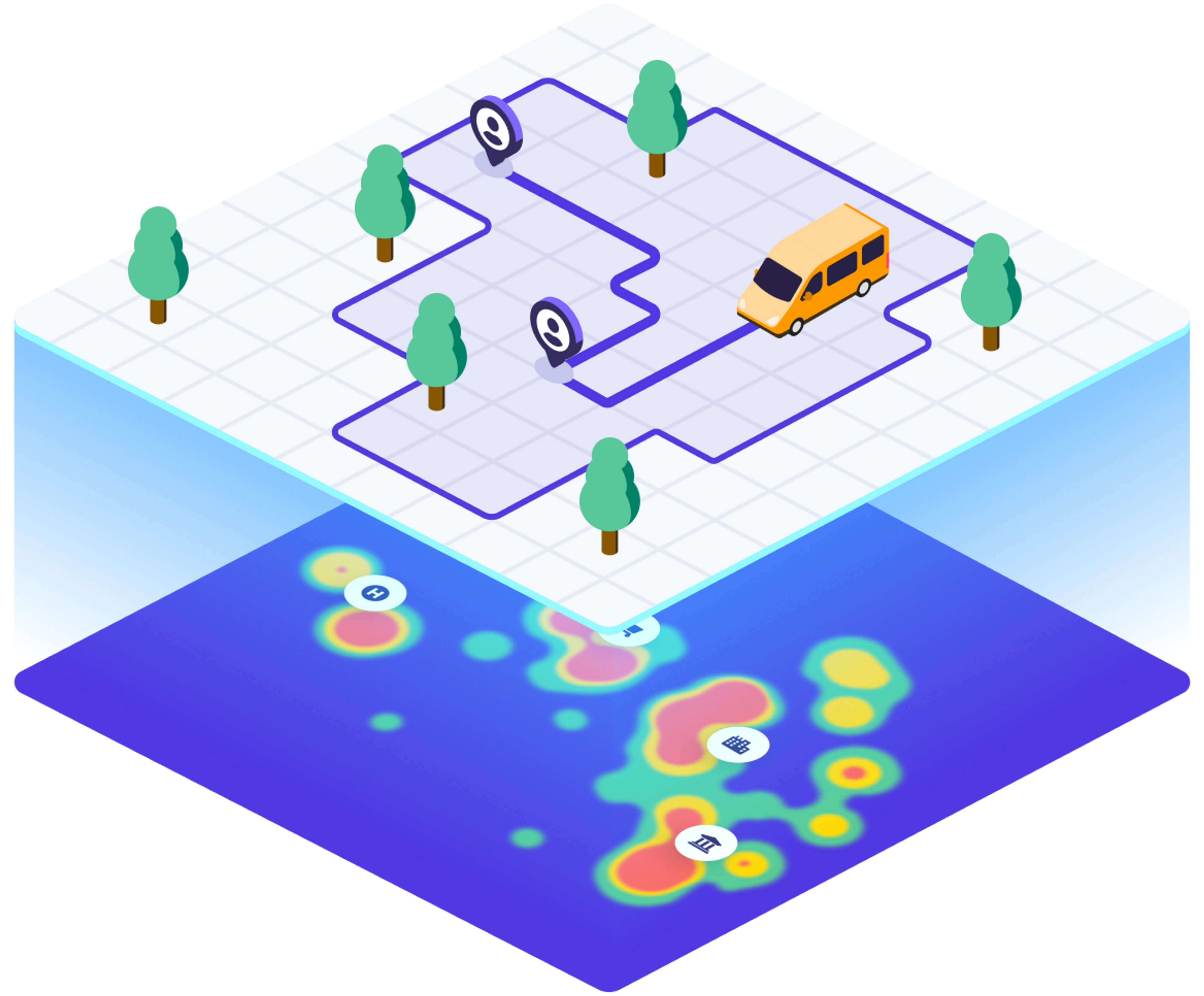Floating city with heat map beneath