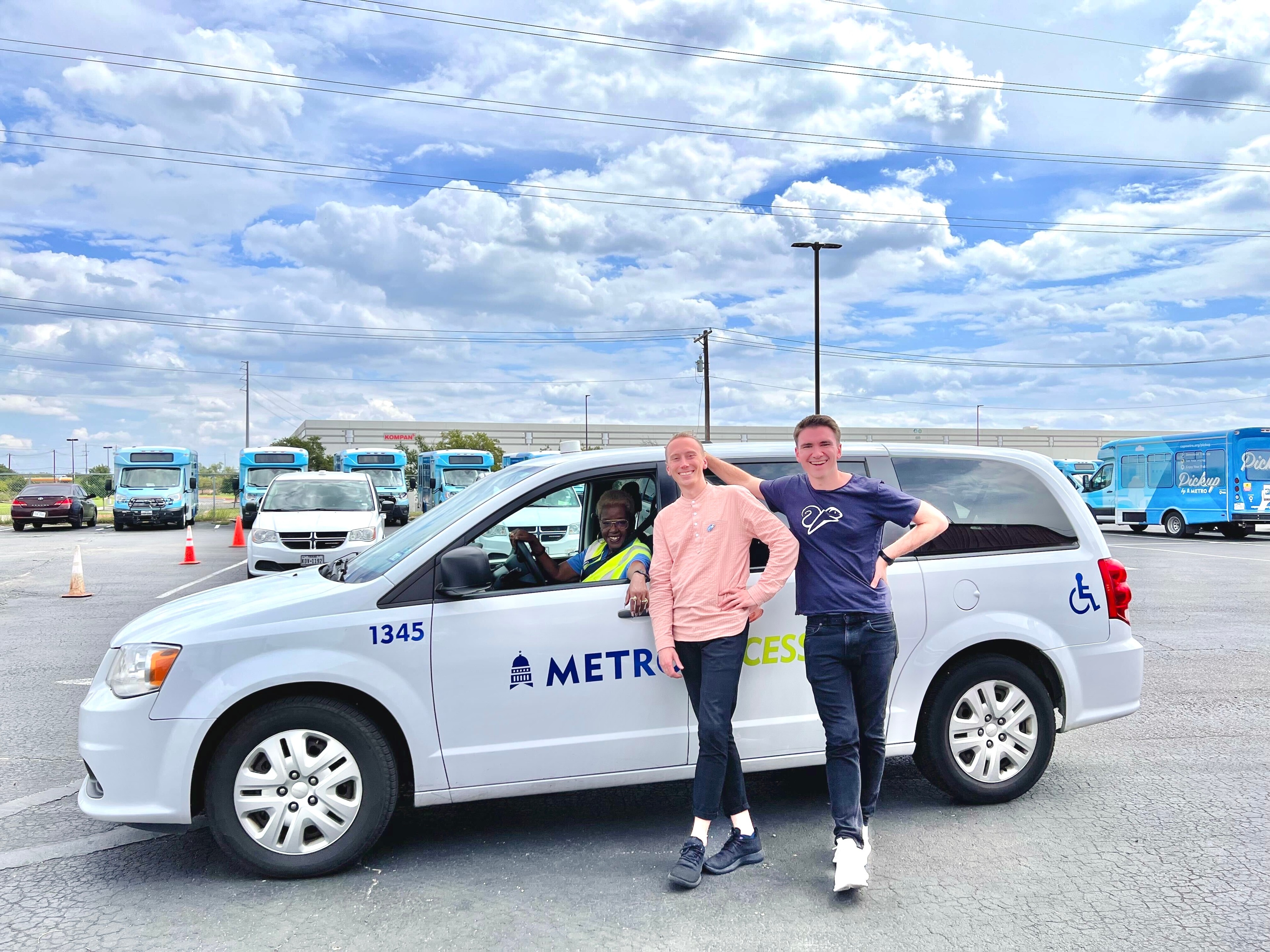 Spare Co-founders Kristoffer Vik Hansen and Josh Andrews with a CapMetro Access driver on launch day. 