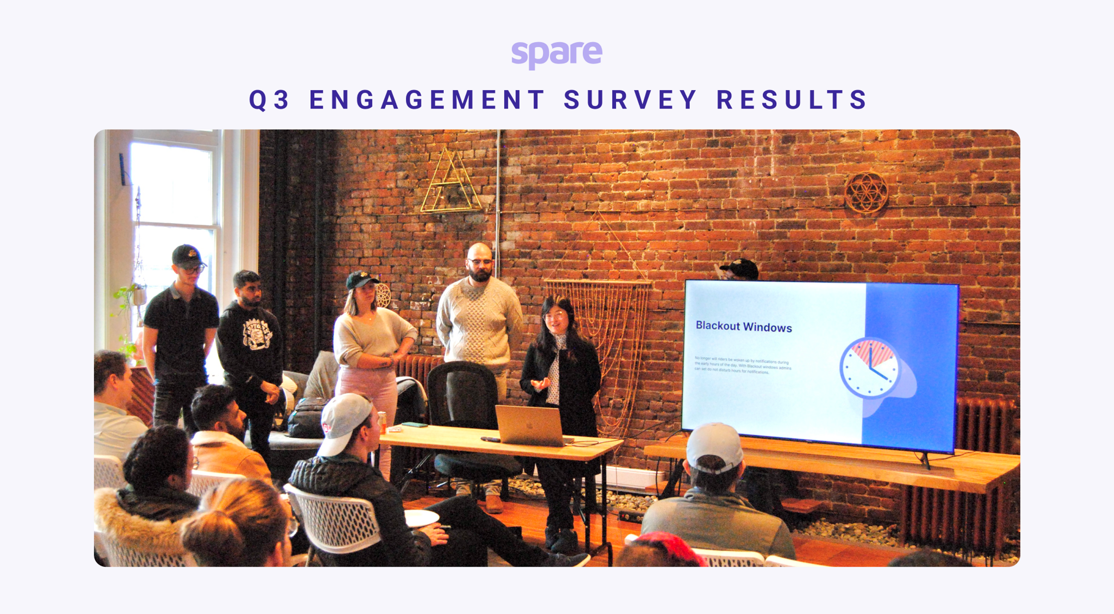 text: Q3 Engagement Survey Results, image: Spare employees giving a presentation