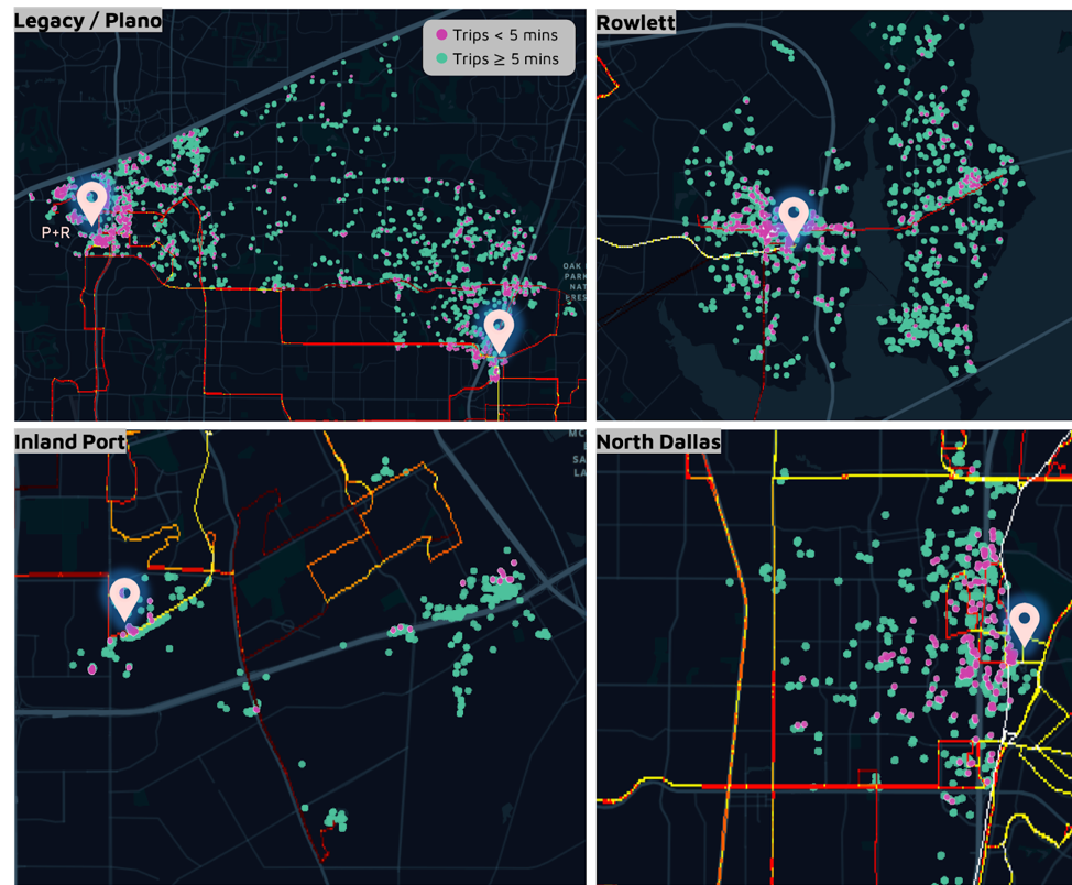 Mismatch between fixed-route transit and demand for microtransit trips. Dots show microtransit trips taken on GoLink. Red/yellow lines show existing transit infrastructure (yellow = frequent service, red = infrequent service). Icons show main anchor transit stations.