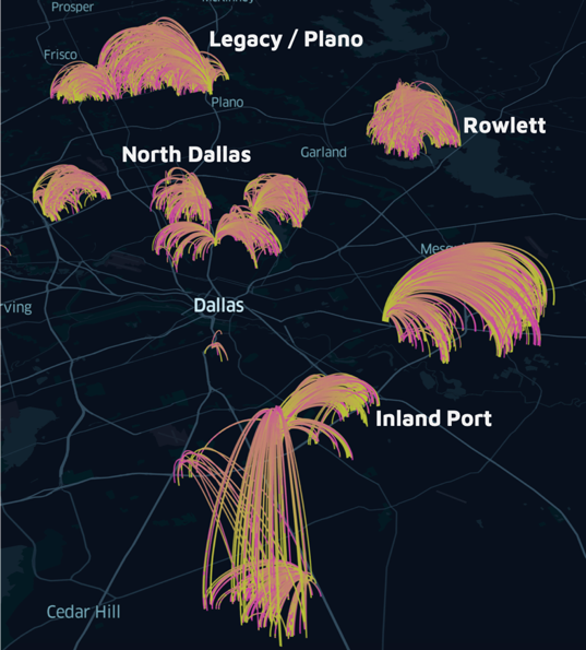 Trajectories of over 100,000 individual microtransit trips in Dallas, TX.