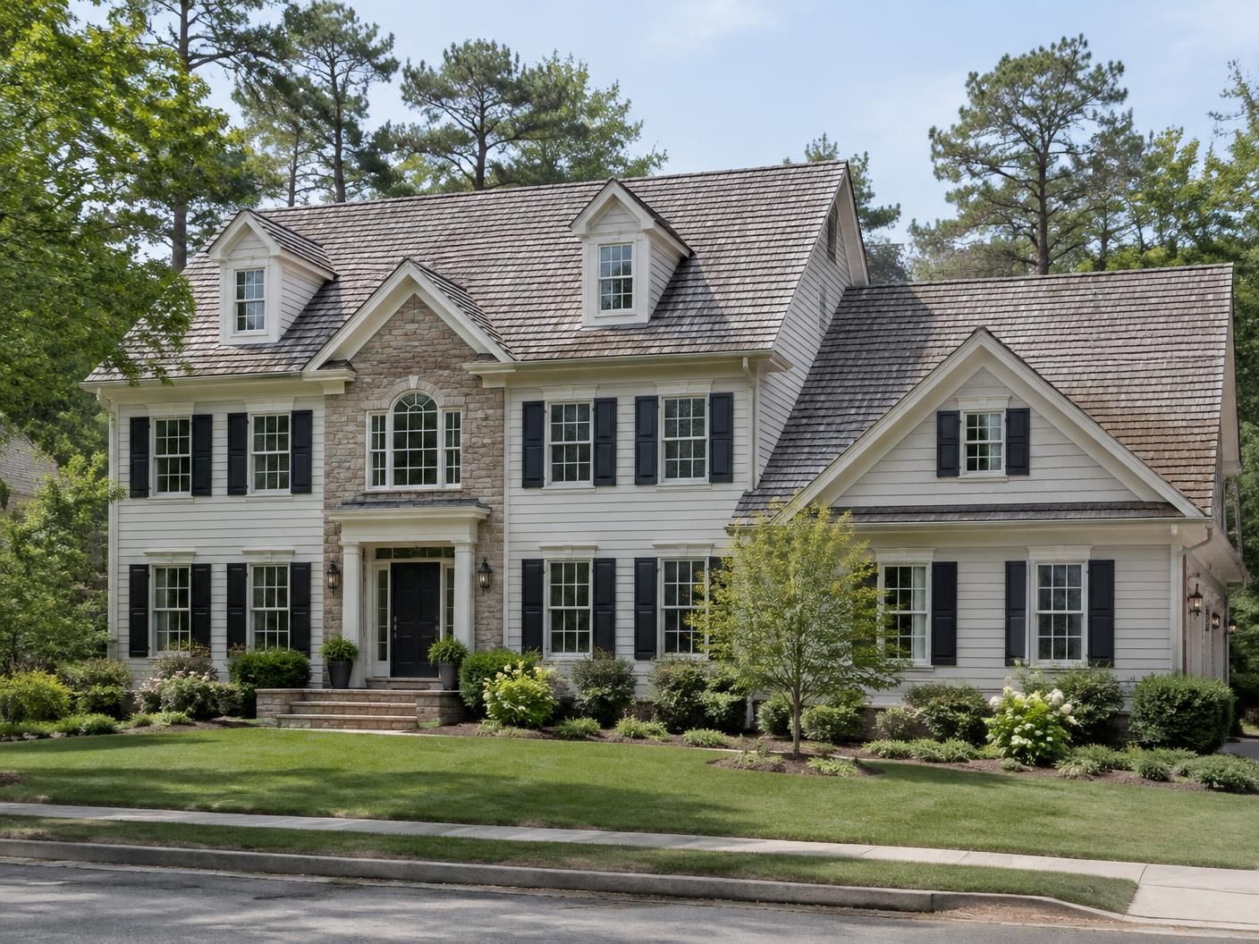 Completed weathered-wood architectural shingle roof on a two-story colonial home
