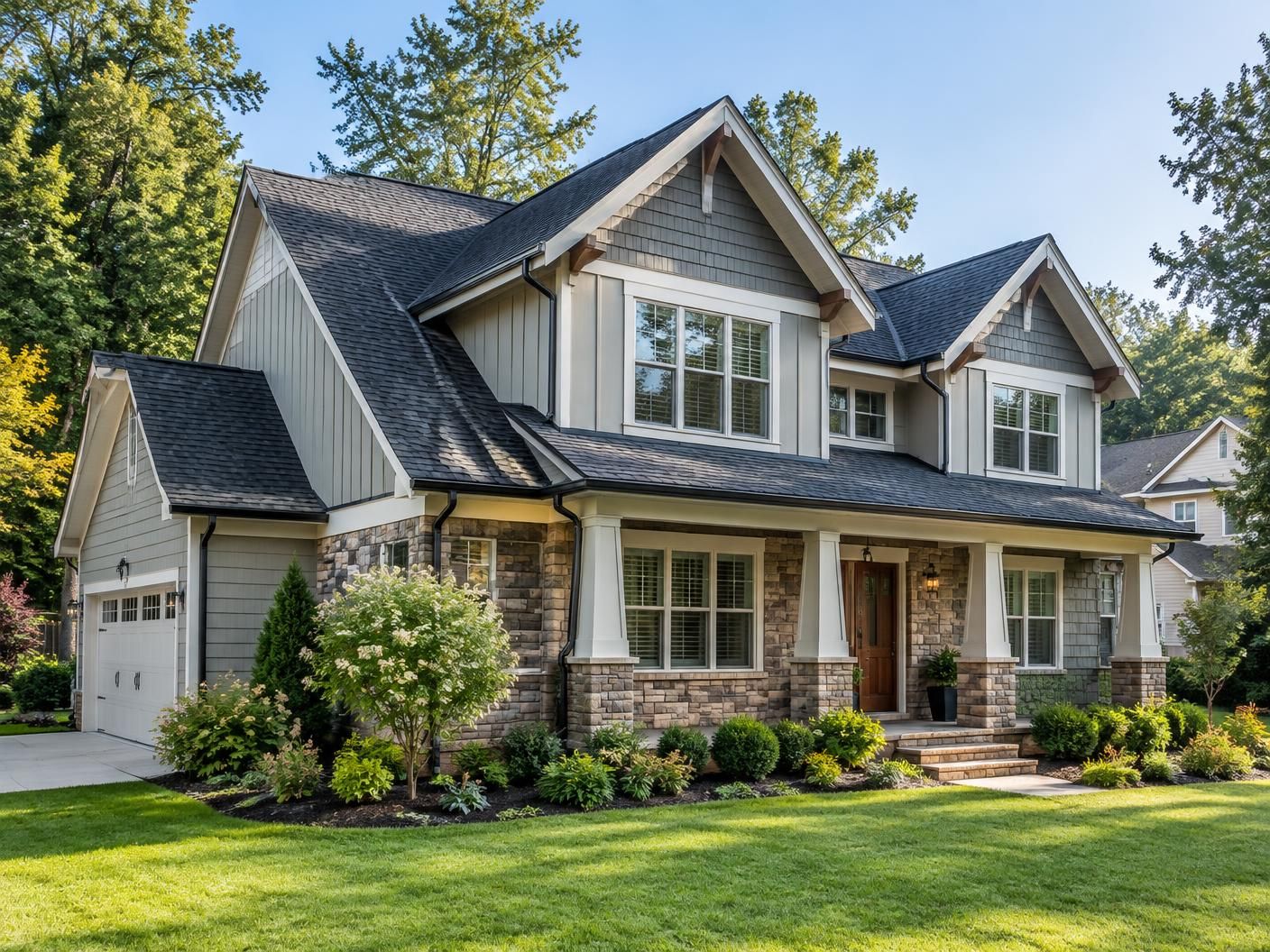 Completed charcoal architectural shingle roof on a two-story Raleigh craftsman home