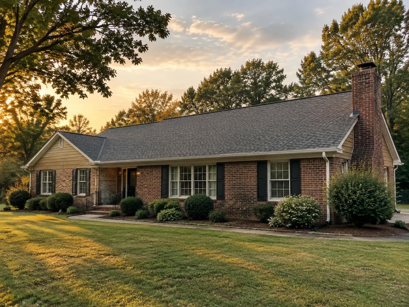 Completed warm gray architectural shingle roof on a brick ranch home