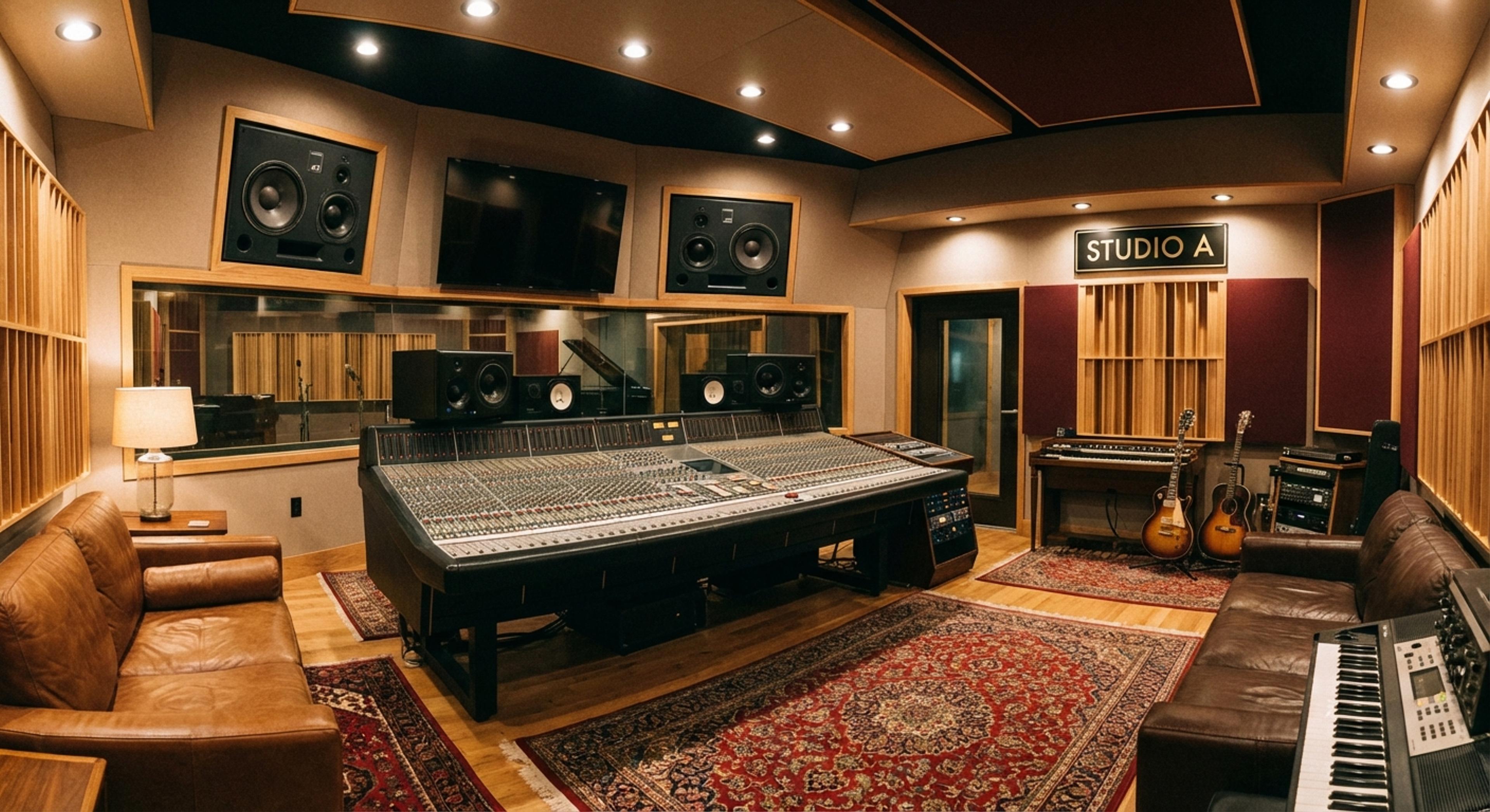 Professional recording studio with mixing console