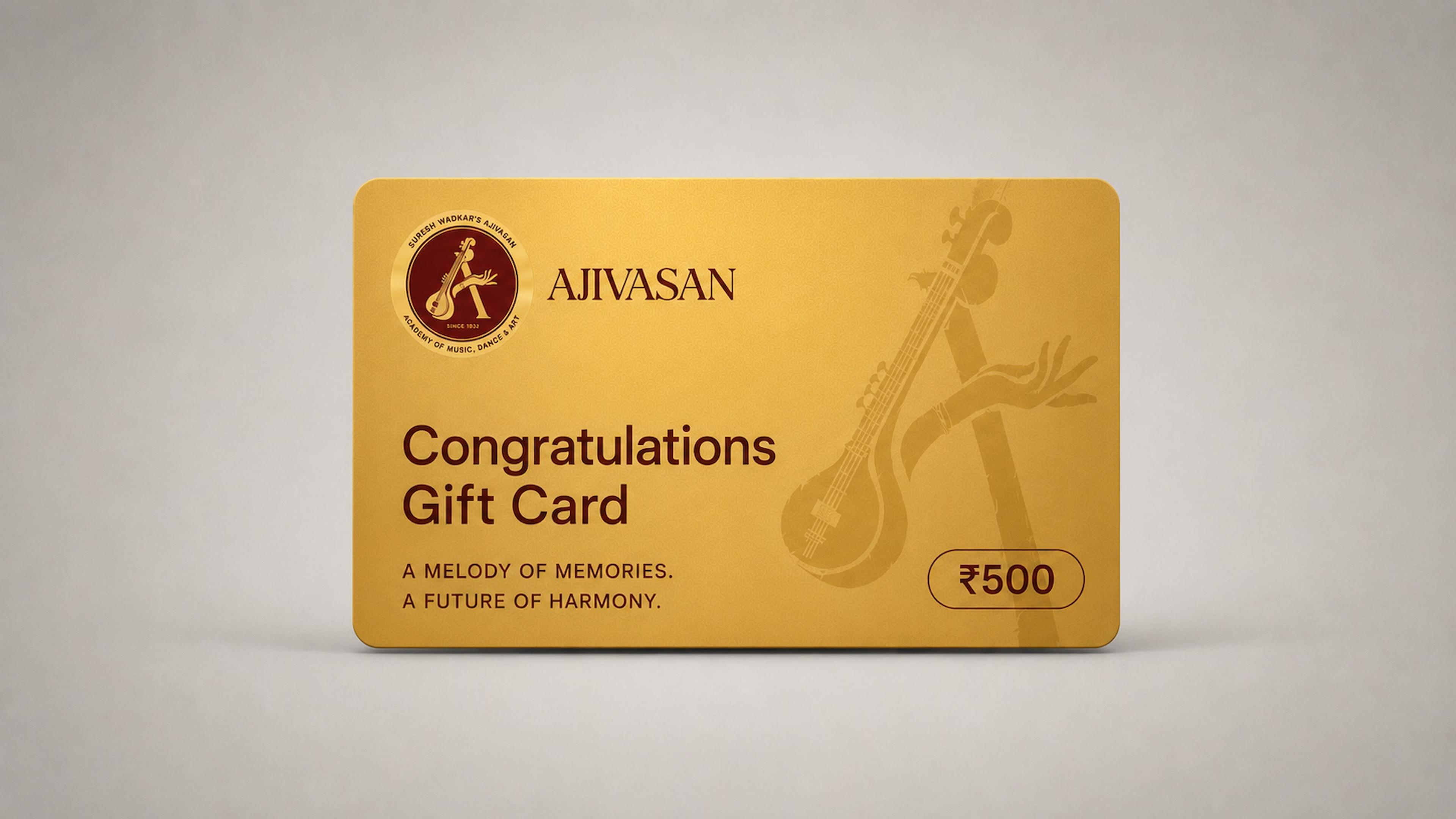 Congratulations gift card from Ajivasan music academy, gold card with veena artwork and ₹500 value
