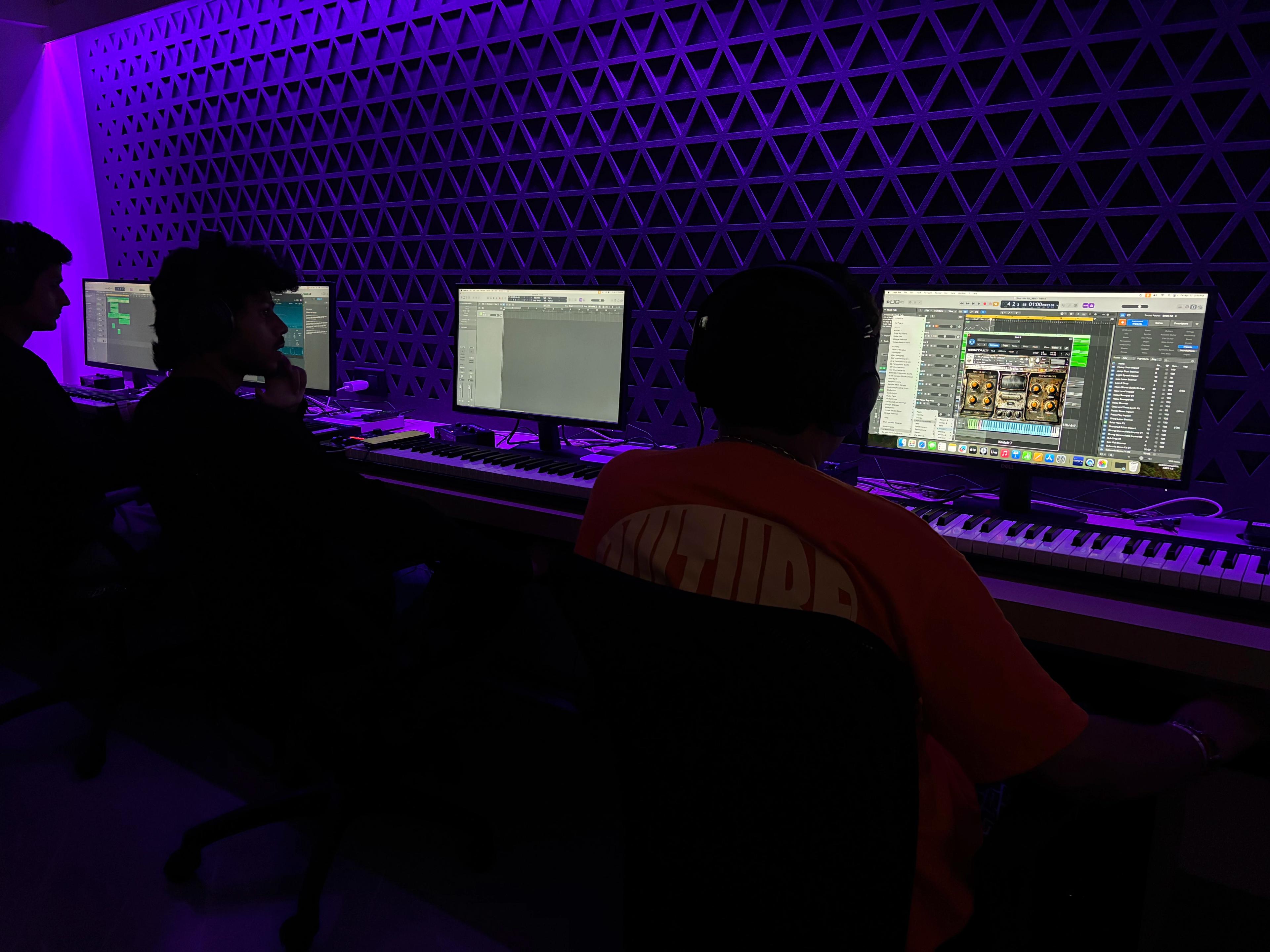 Recording studio with acoustic panels and microphone